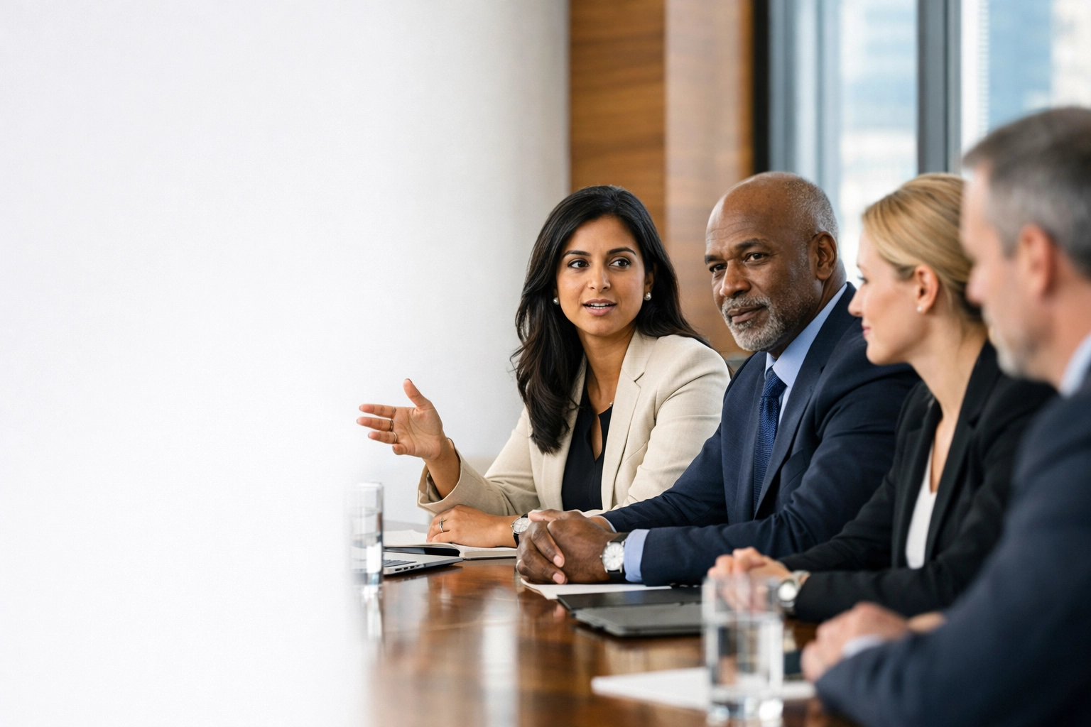 Diverse nonprofit board members discussing financial reports in a sunlit modern boardroom.