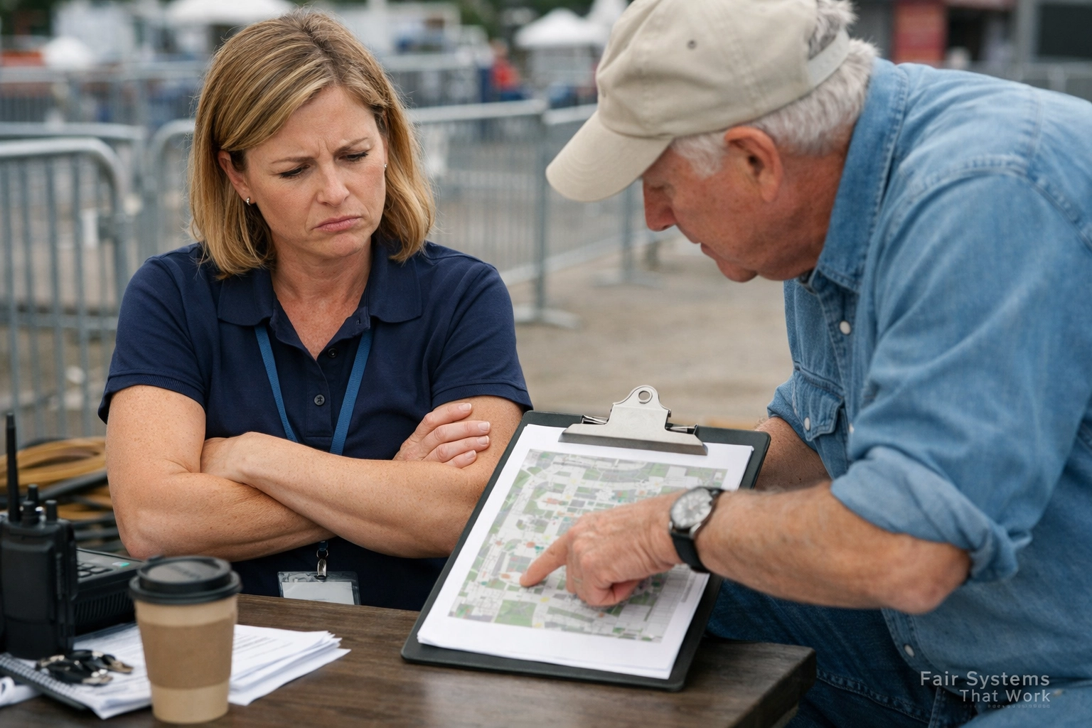 Fair manager frustrated as a volunteer board member micromanages setup, showing a clash in fair governance roles.