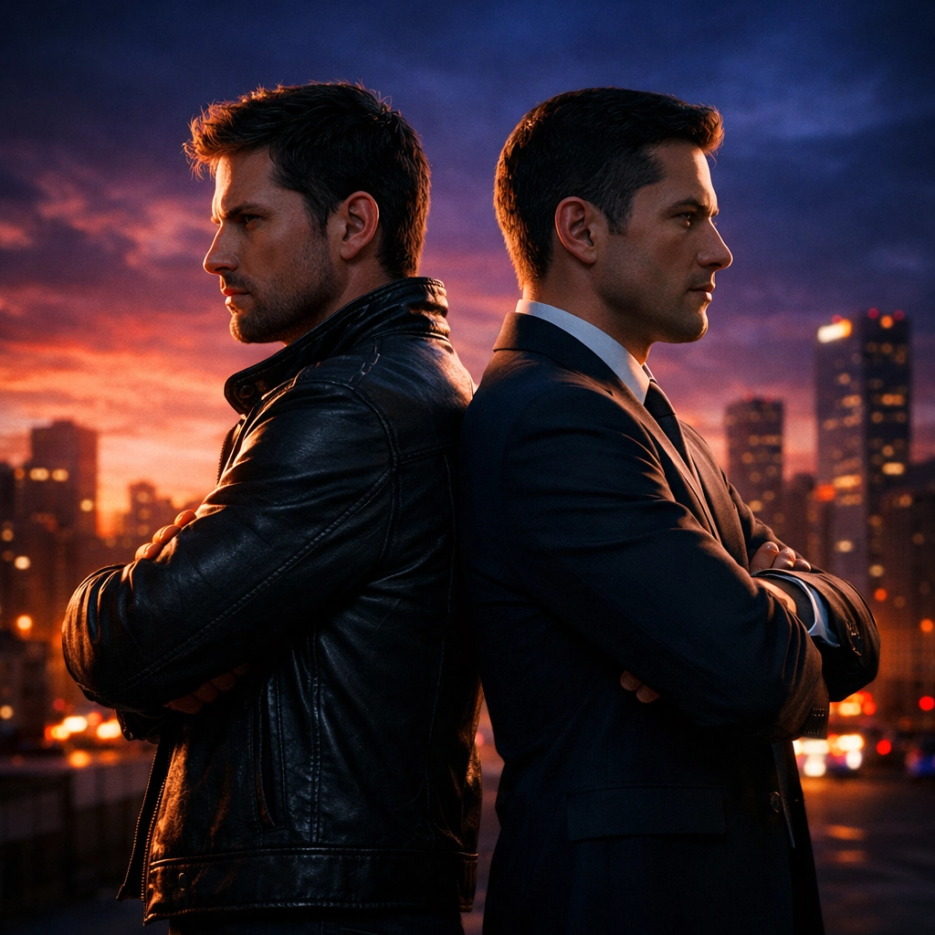 Two men standing back-to-back representing complicated gay romance and emotional distance