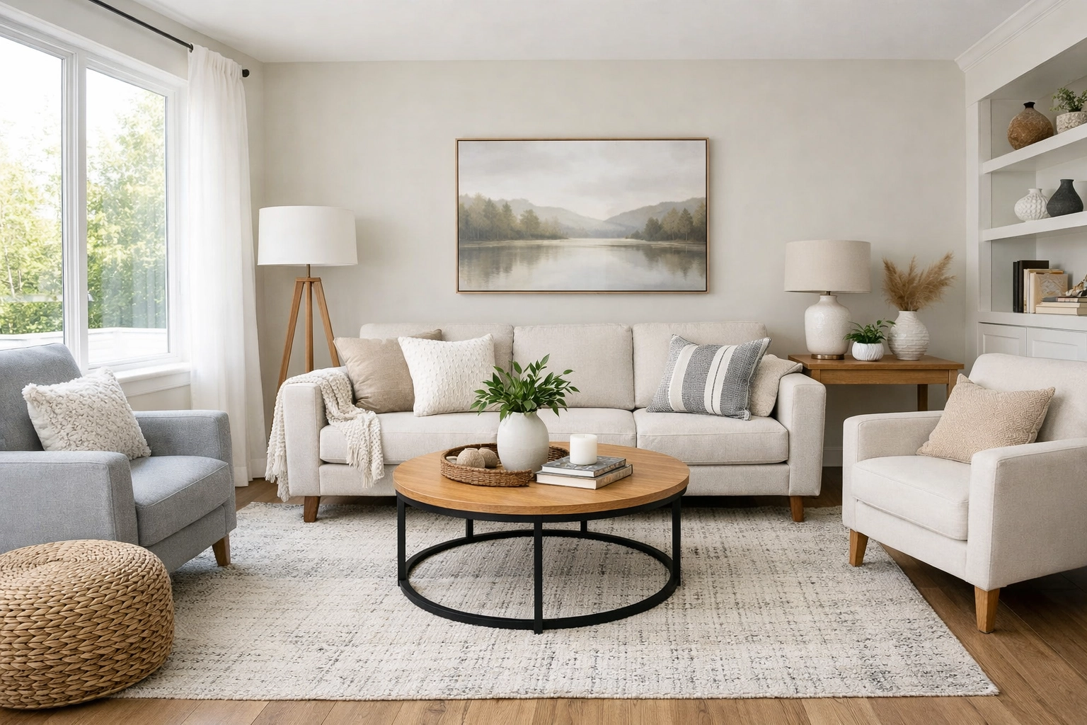 Cozy, modern living room with natural light and a clean, staged-for-sale look.