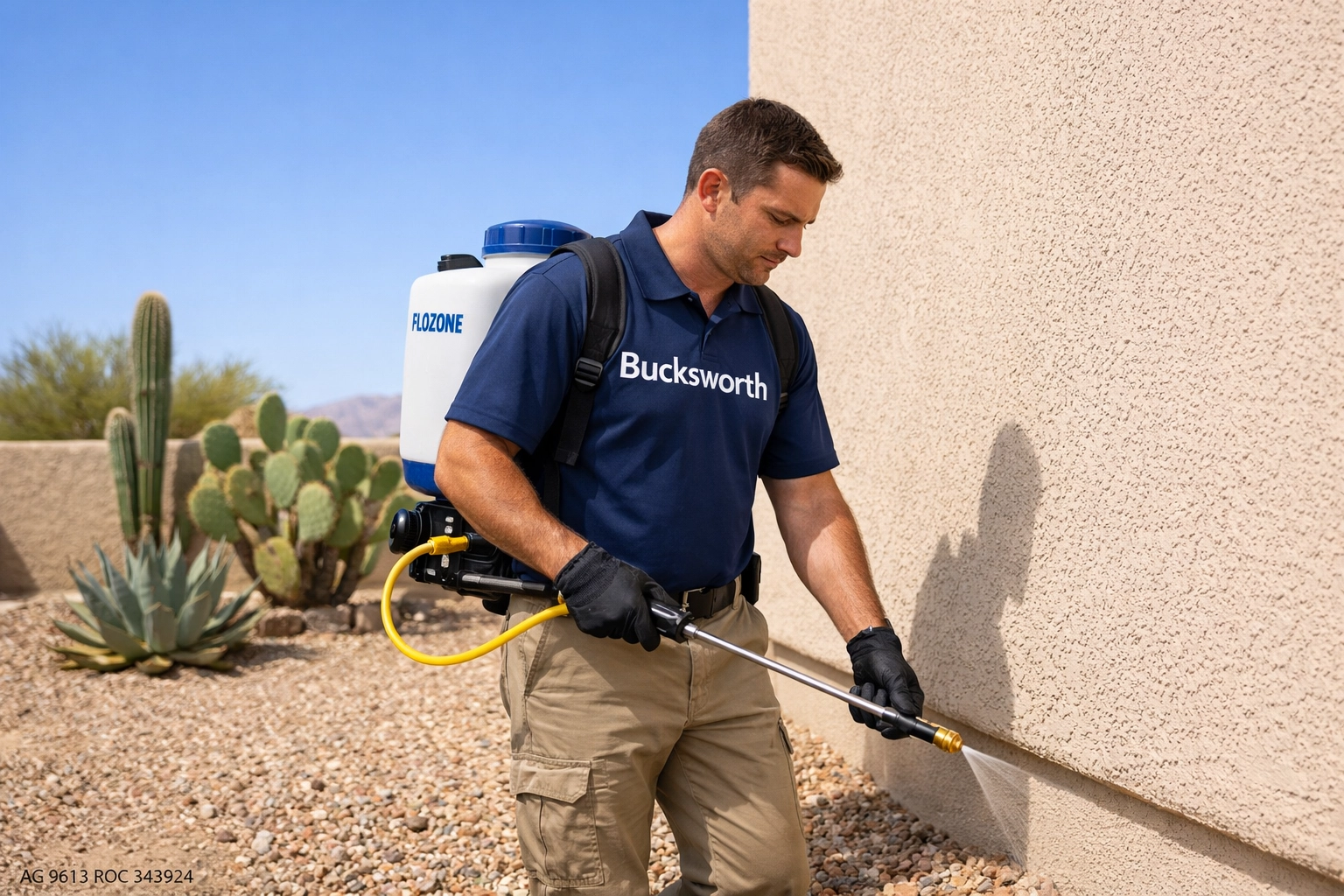 Bucksworth technician providing the best pest control near Oro Valley for a residential desert home.