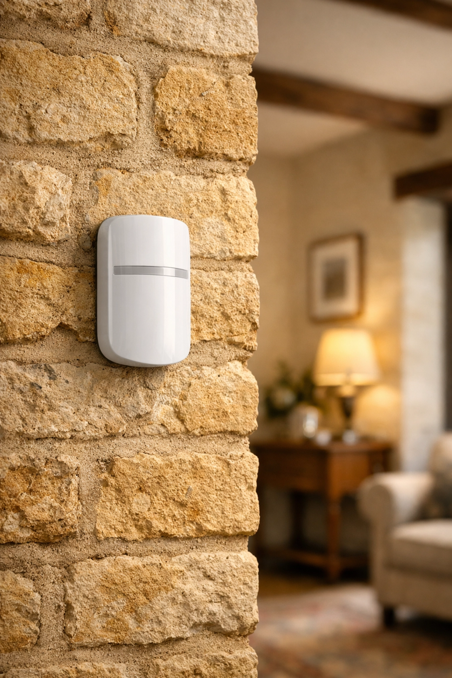 Modern wireless intruder alarm sensor installed on a historic stone wall in an Oxford property.