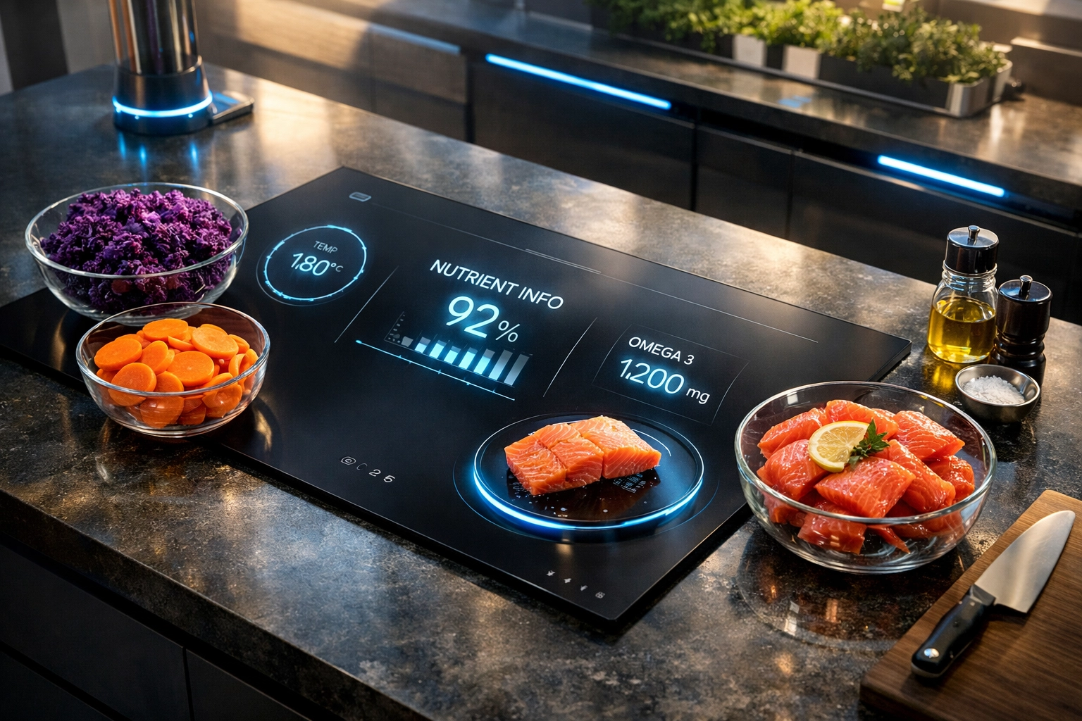 Modern smart kitchen island with fresh ingredients and a high-tech induction cooktop for healthy meal prep.