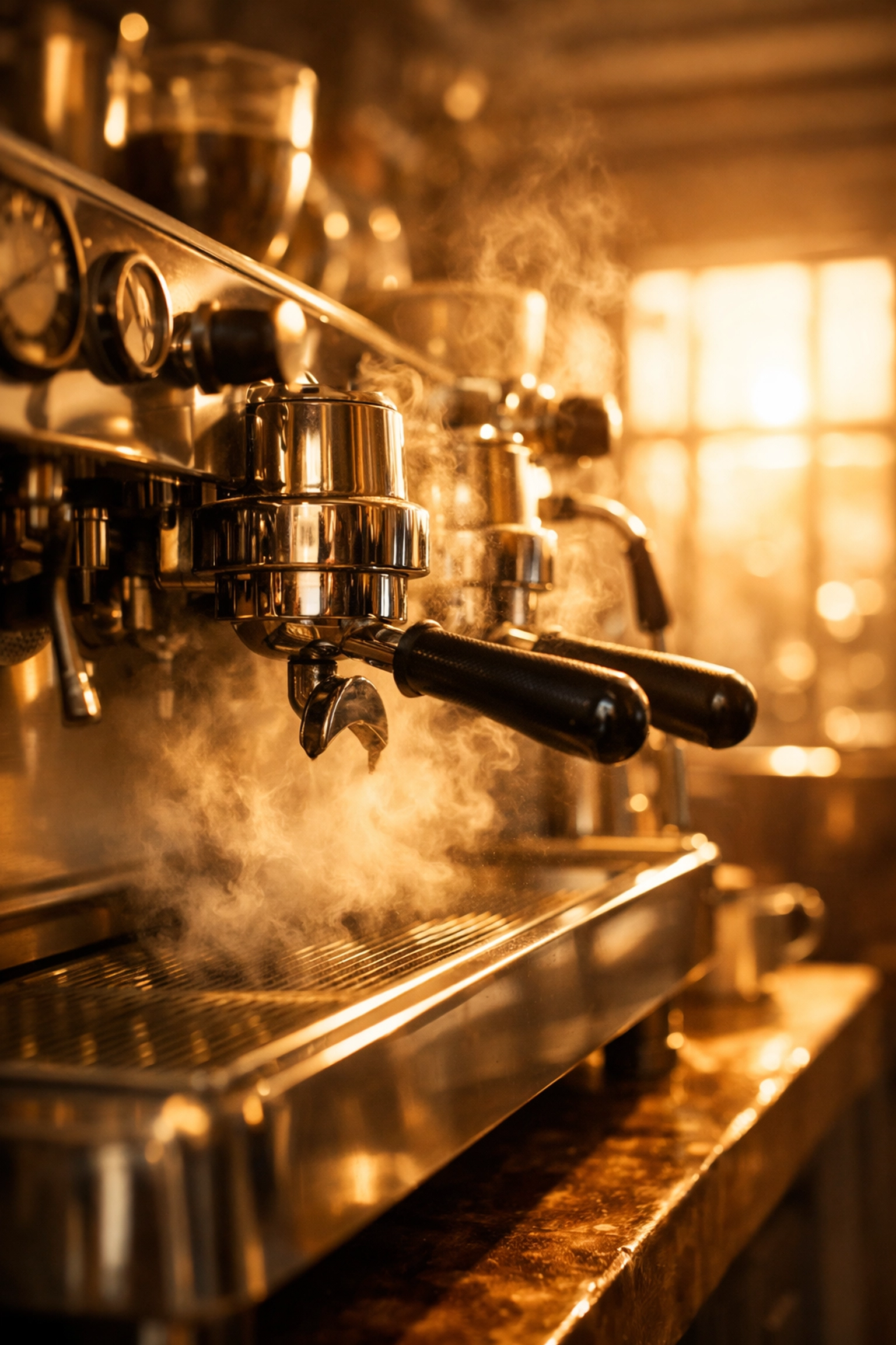 Commercial espresso machine warming up for coffee shop opening with morning light