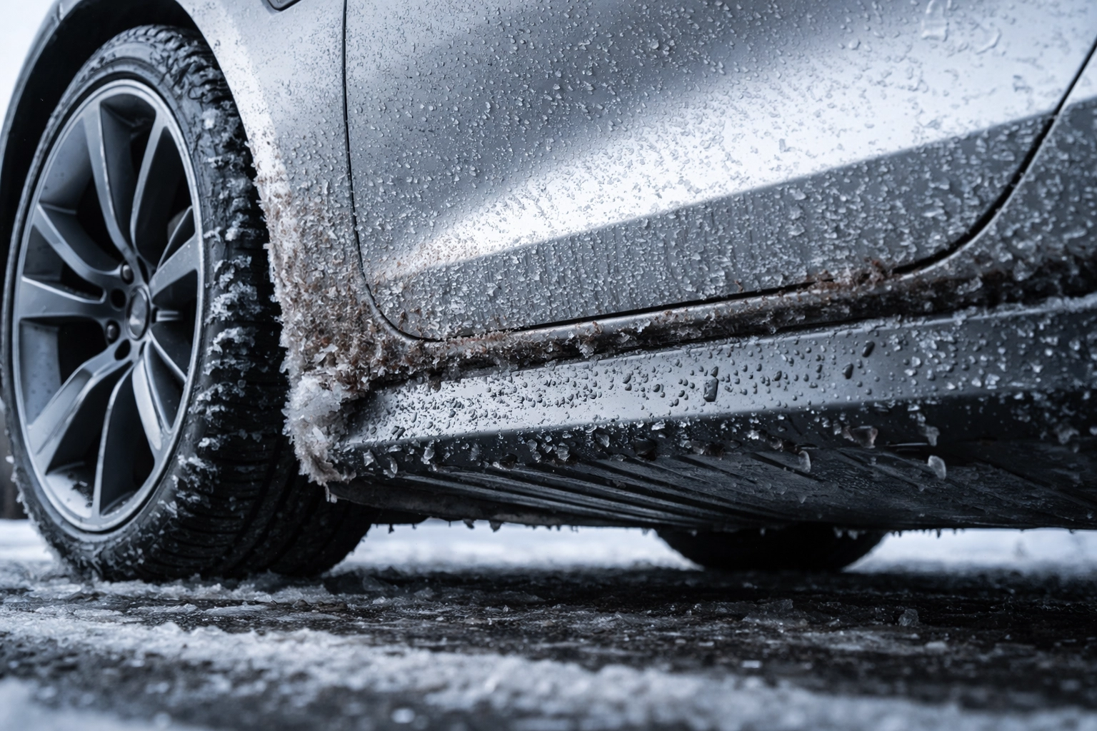 Electric car wheel arch and rocker panel with road salt residue and moisture during UK winter