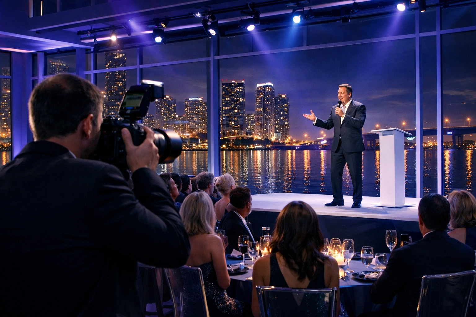 Corporate event photographer miami capturing a prestigious gala at a modern waterfront venue.