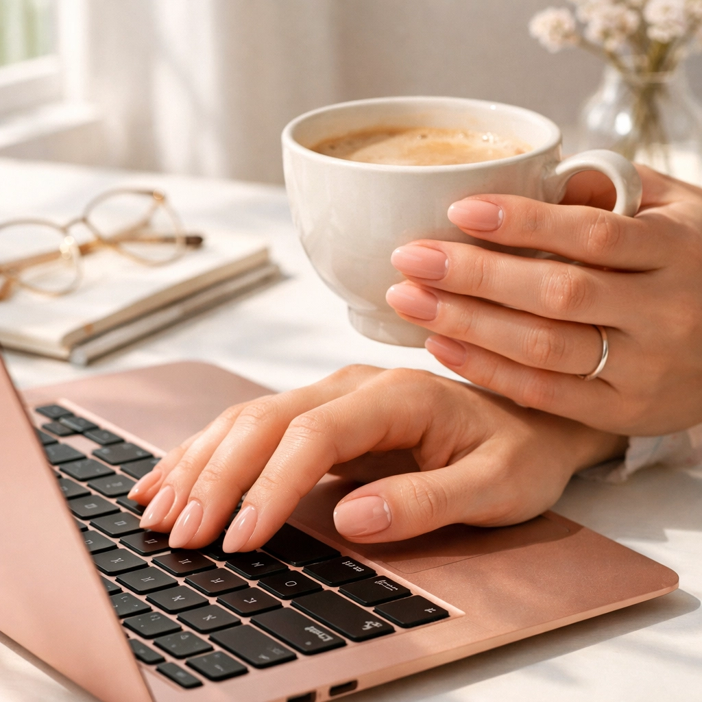Hands with durable Japanese gel manicure typing and holding coffee during daily activities