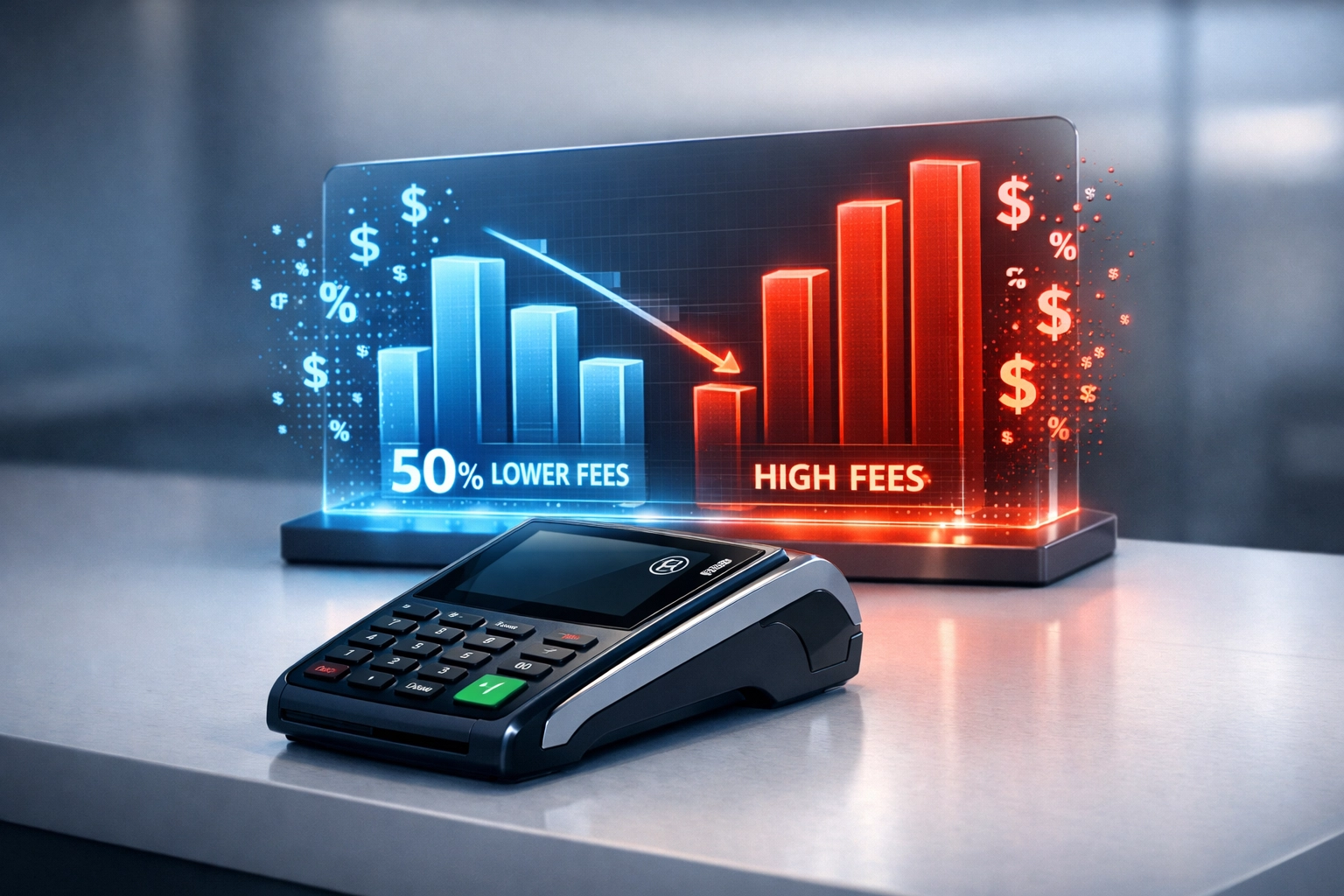Larecoin merchant fees comparison showing 50% savings vs traditional payment processors