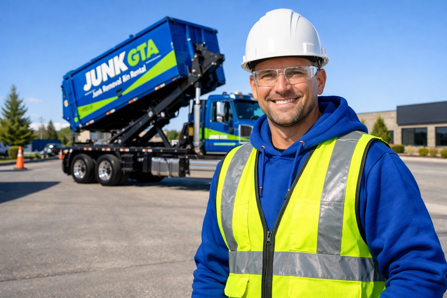 Junk GTA professional waste removal truck hoisting a debris bin at a Markham commercial project site.
