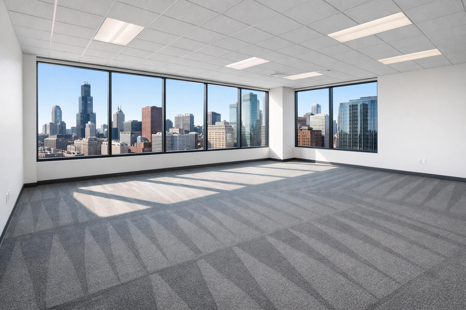 Move-in ready Detroit office suite with clean carpets after a high-velocity turnover cleaning.