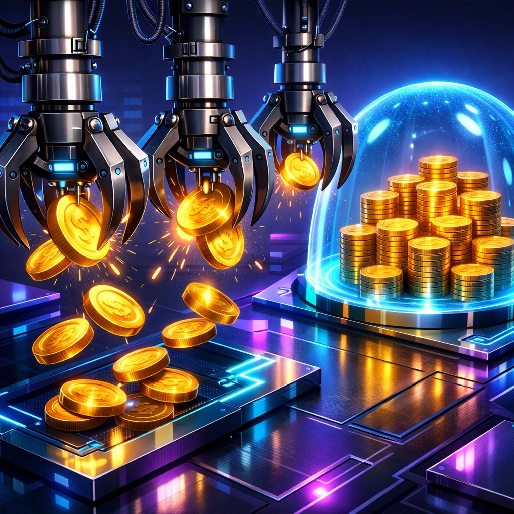 Mechanical claws grabbing coins versus a protected vault representing a self-custody merchant account for low fees.