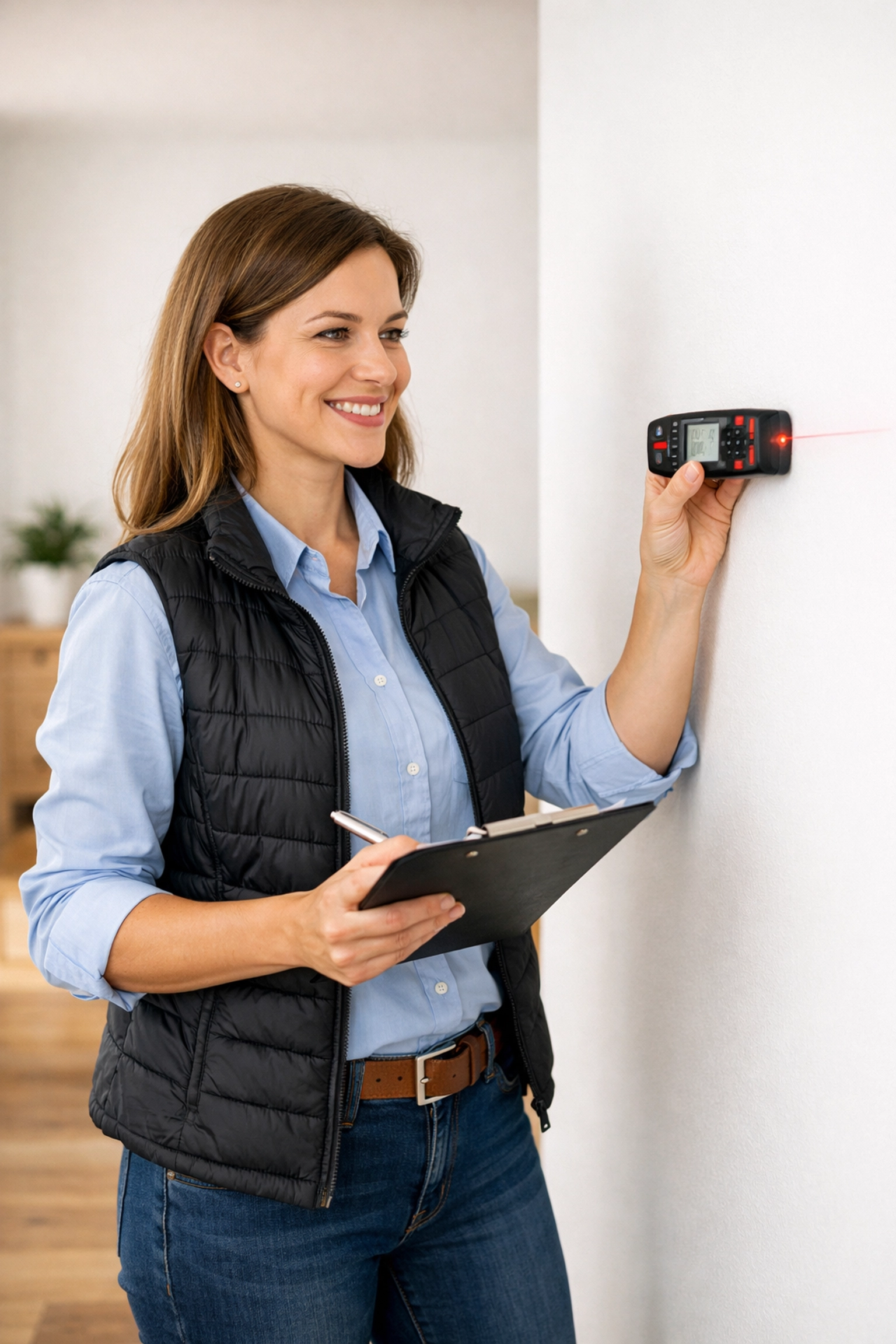 Professional surveyor performing a physical RICS property inspection for a UK mortgage application.