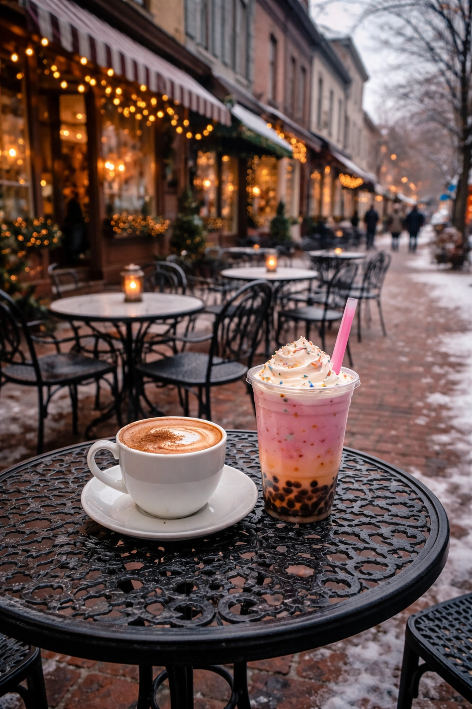 Outdoor seating at a downtown Summerville cafe with cappuccino and bubble tea, cozy winter vibe.