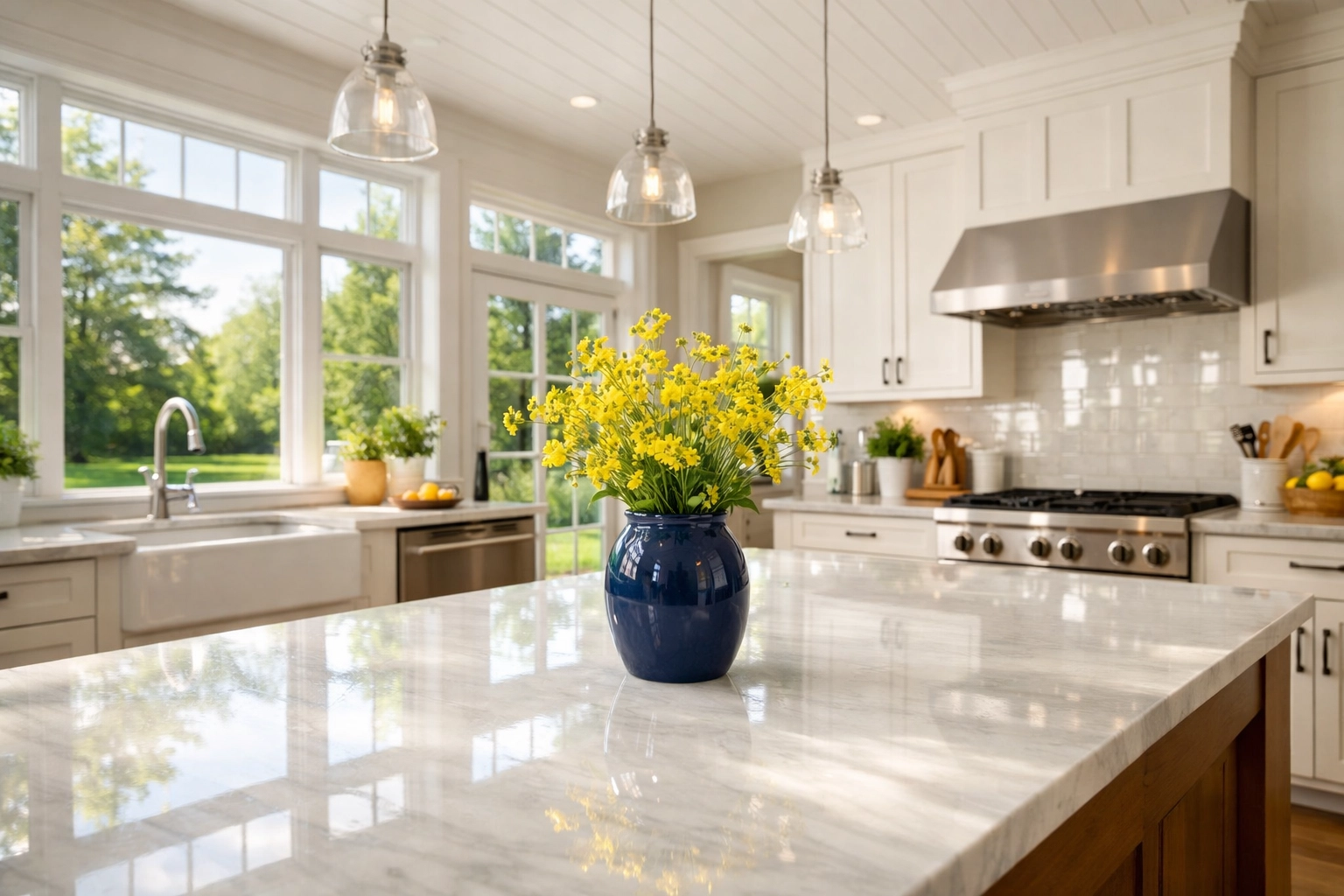 Sun-drenched Sutton kitchen with white marble counters cleaned by weekly house cleaning Sutton MA.
