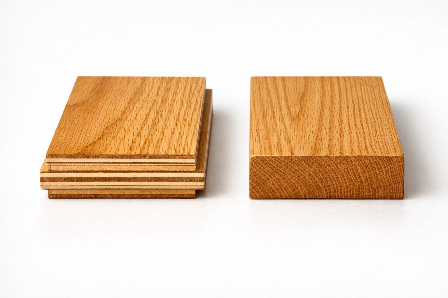 Cross-section of engineered vs solid hardwood flooring showing layered construction