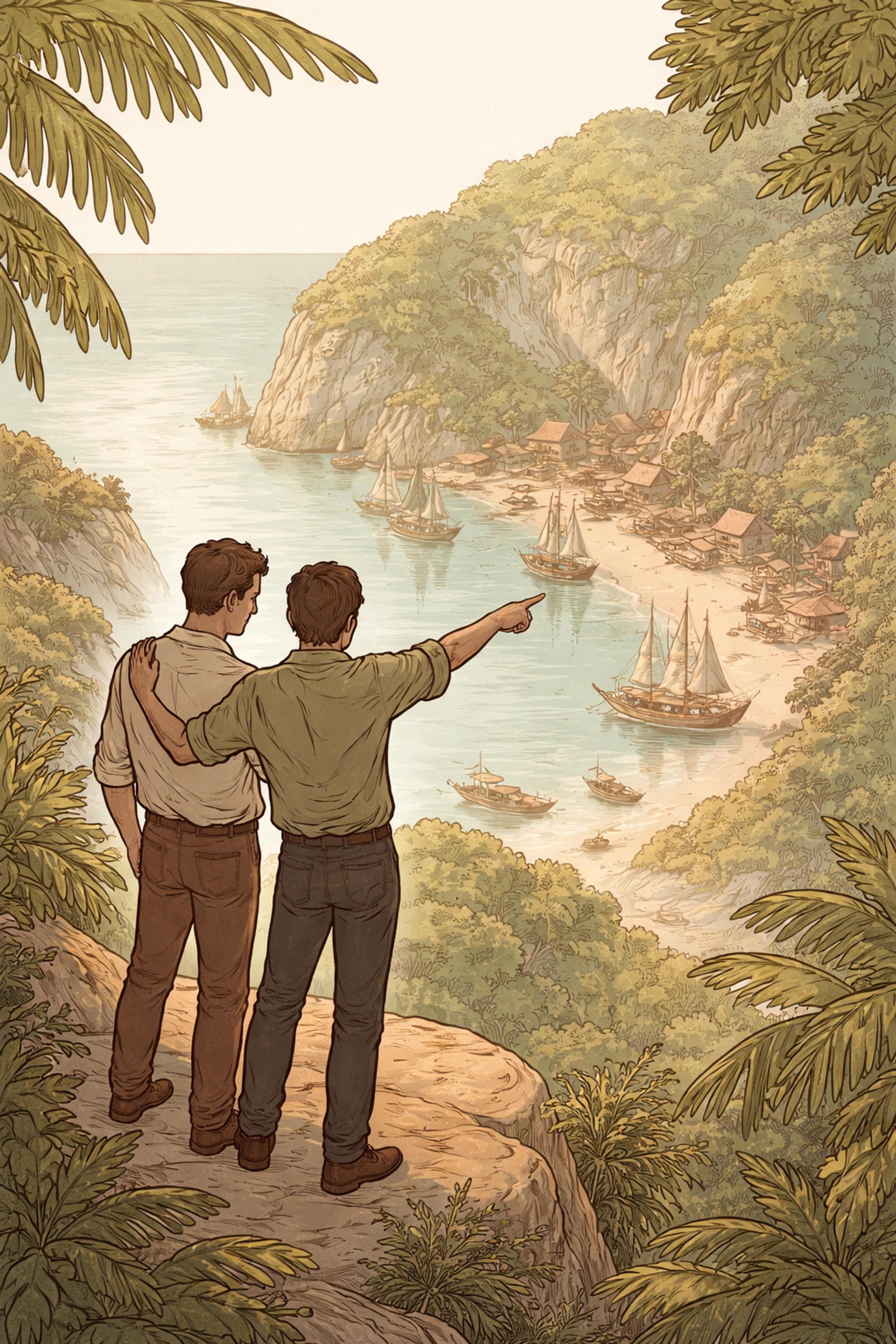 Two men overlook a hidden Caribbean cove and sanctuary from a cliff, symbolizing hope, freedom, and partnership in an LGBTQ fantasy romance.