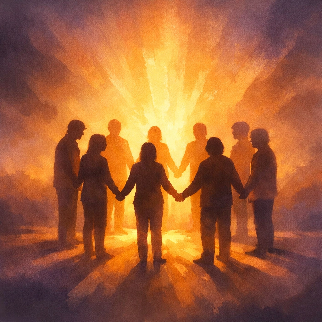 Supportive community circle representing faith-based hope and recovery together