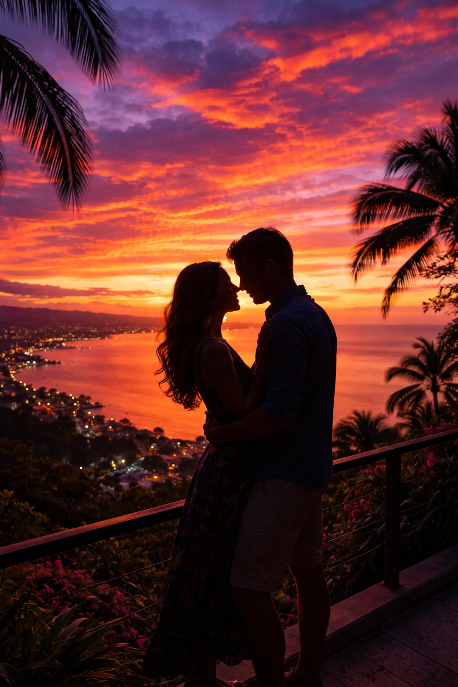 Romantic couple on a hillside terrace overlooking a vividly colorful Puerto Vallarta sunset and Banderas Bay.