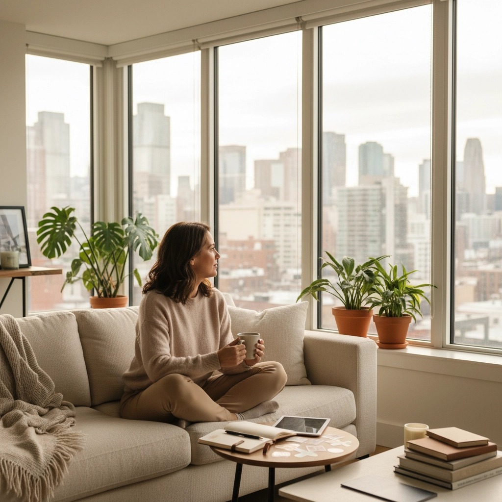 An image of a woman sitting on her sofa inside her city apartment. She is holding a cup of coffee as she looks out of the picture windows at the skyline. There is an open notebook, a tablet, and some notes scattered in front of her on the table. Solo & Safe: A Simple, 30-Day Plan to Build Your Disaster Network