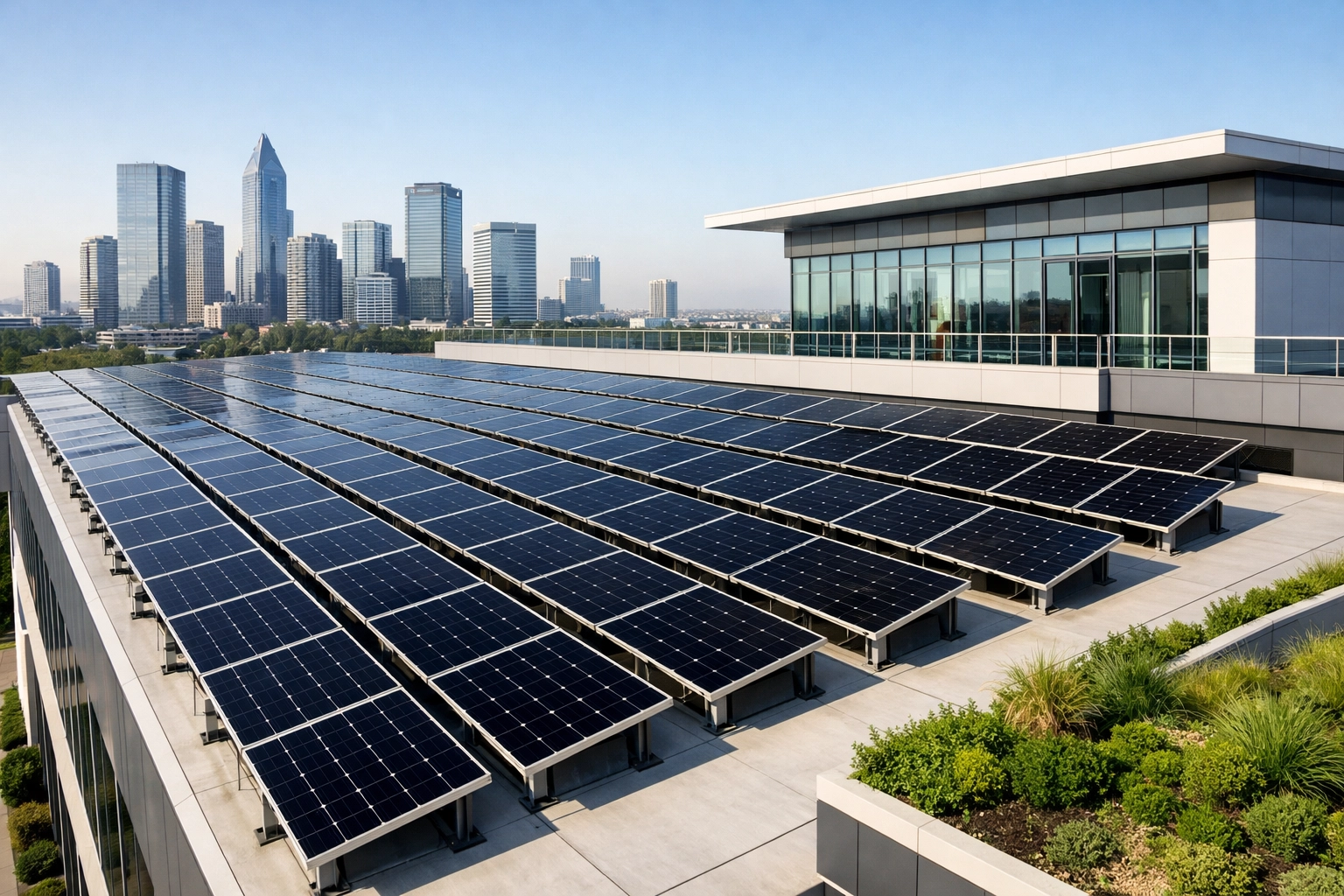 Modern commercial office building with a large rooftop solar panel installation for business energy efficiency.