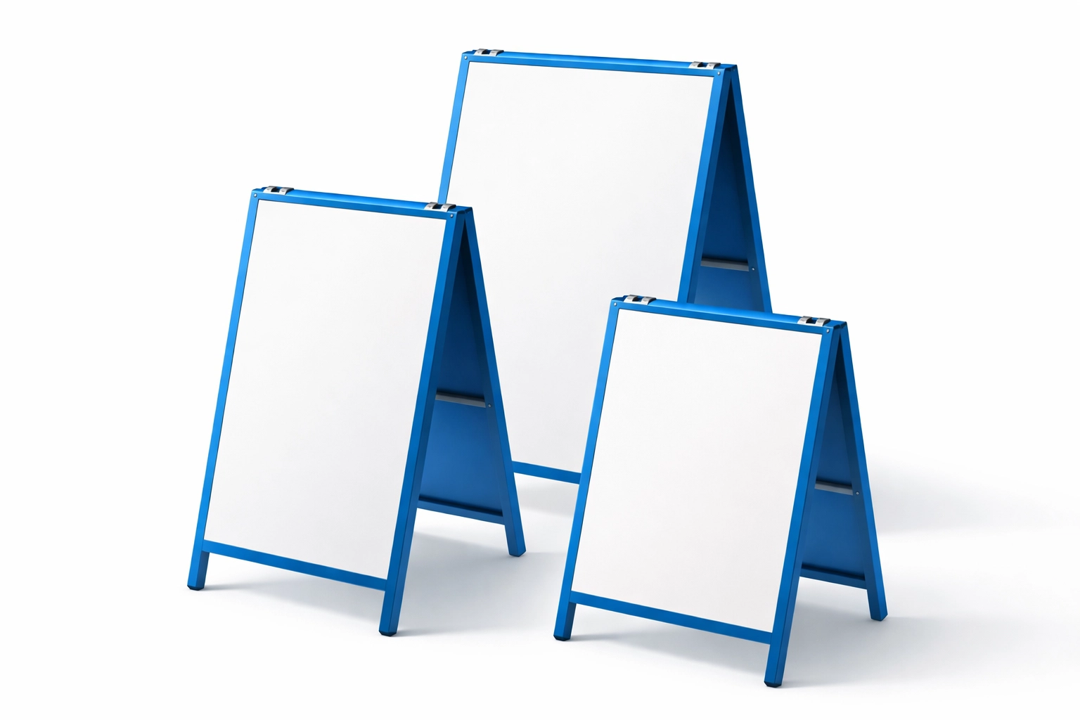 Three blue A-frame signs in different sizes on white background, showcasing custom sign options in Kona