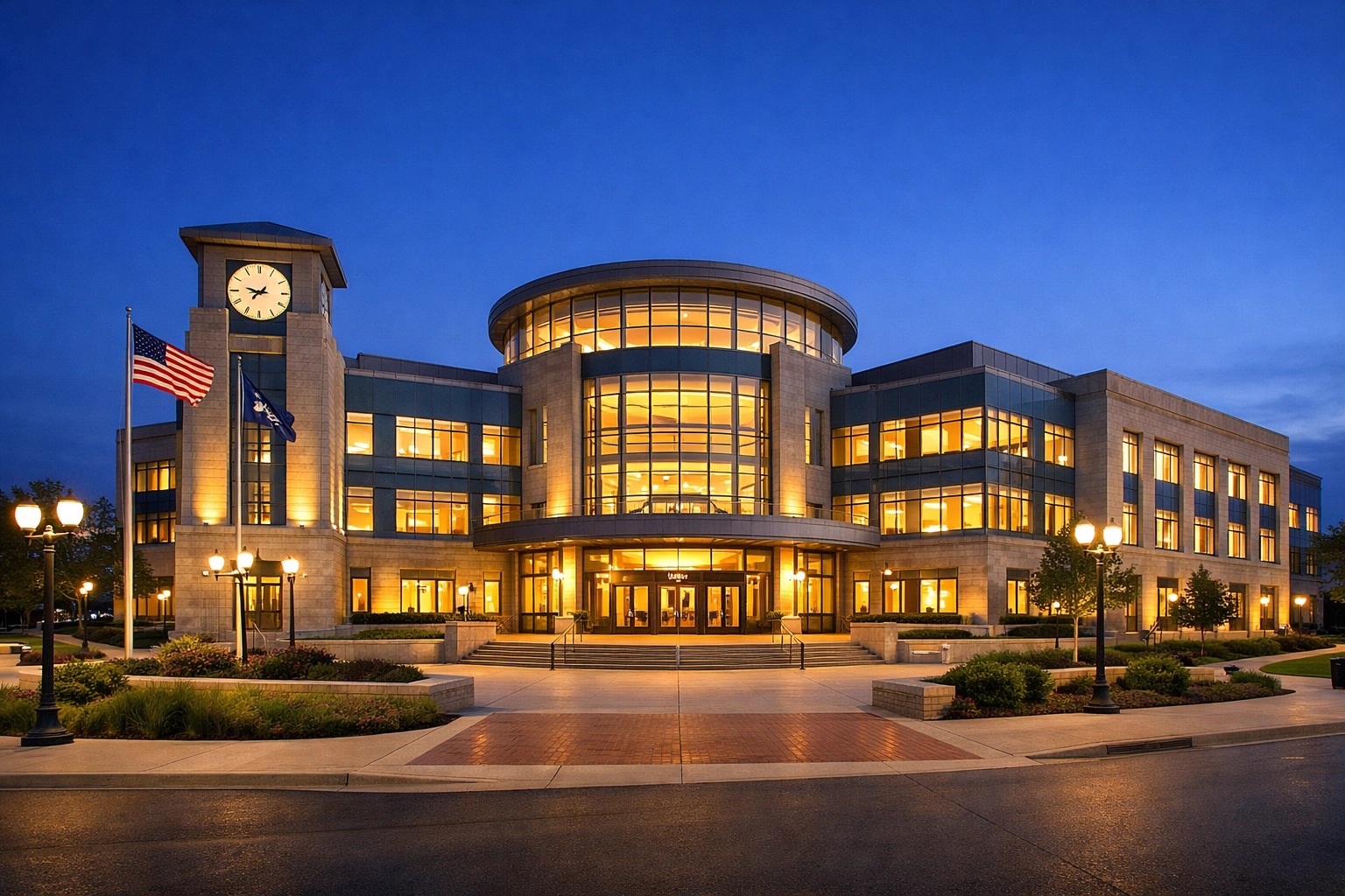 A well-maintained modern civic center at twilight with clean sidewalks and professional lighting.