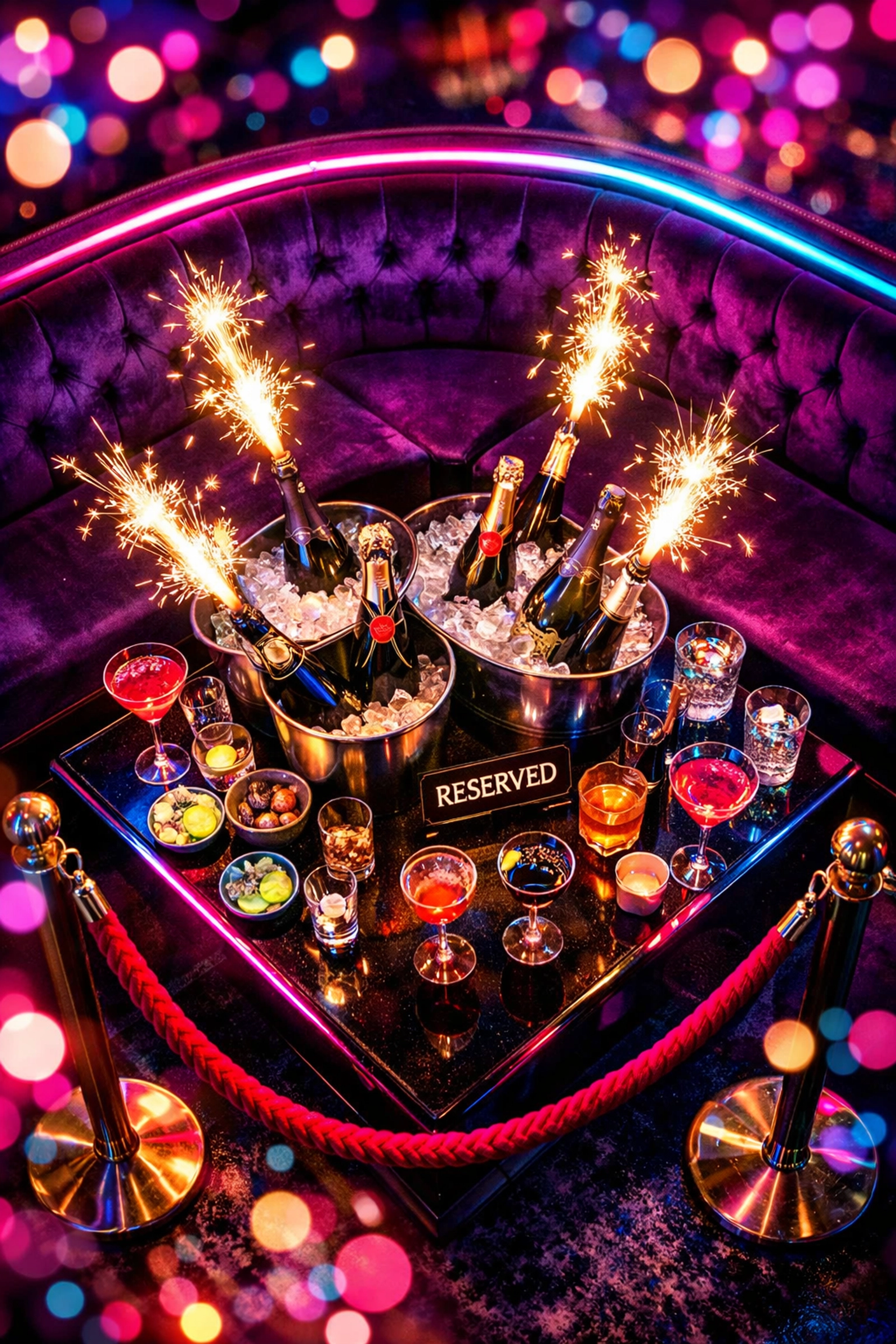 VIP table service with champagne bottles and reserved seating at London nightclub