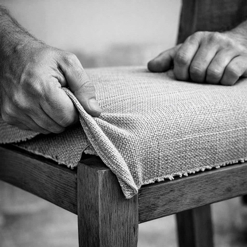 Professional furniture restoration by Stuff It Upholstery in Chattanooga showing fabric installation.