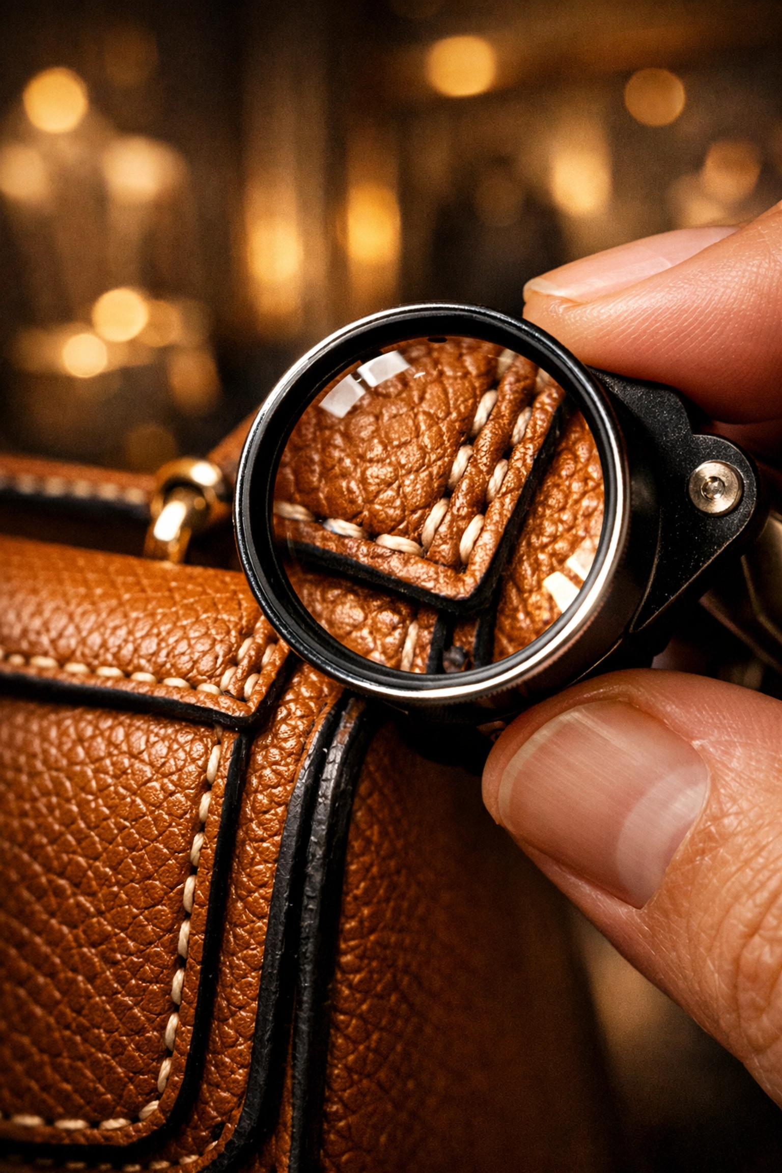 Close-up of designer bag authentication process inspecting stitching with a jeweler's loupe in a luxury shop.