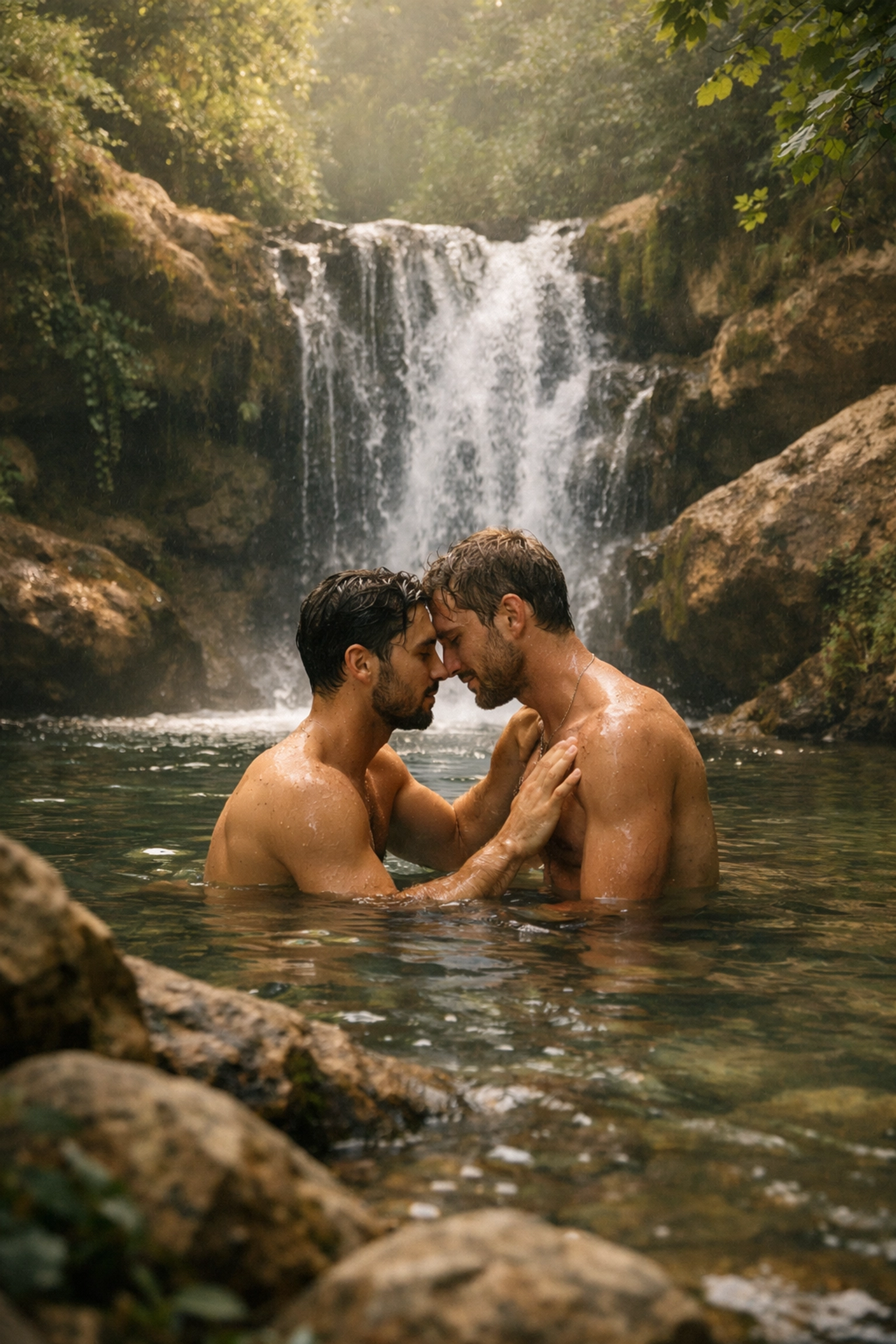 Two men at secluded Italian waterfall - intimate MM romance moment from Call Me by Your Name
