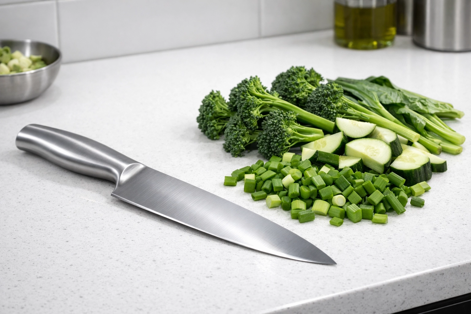 4000K neutral white task lighting illuminating a modern kitchen countertop and fresh ingredients.