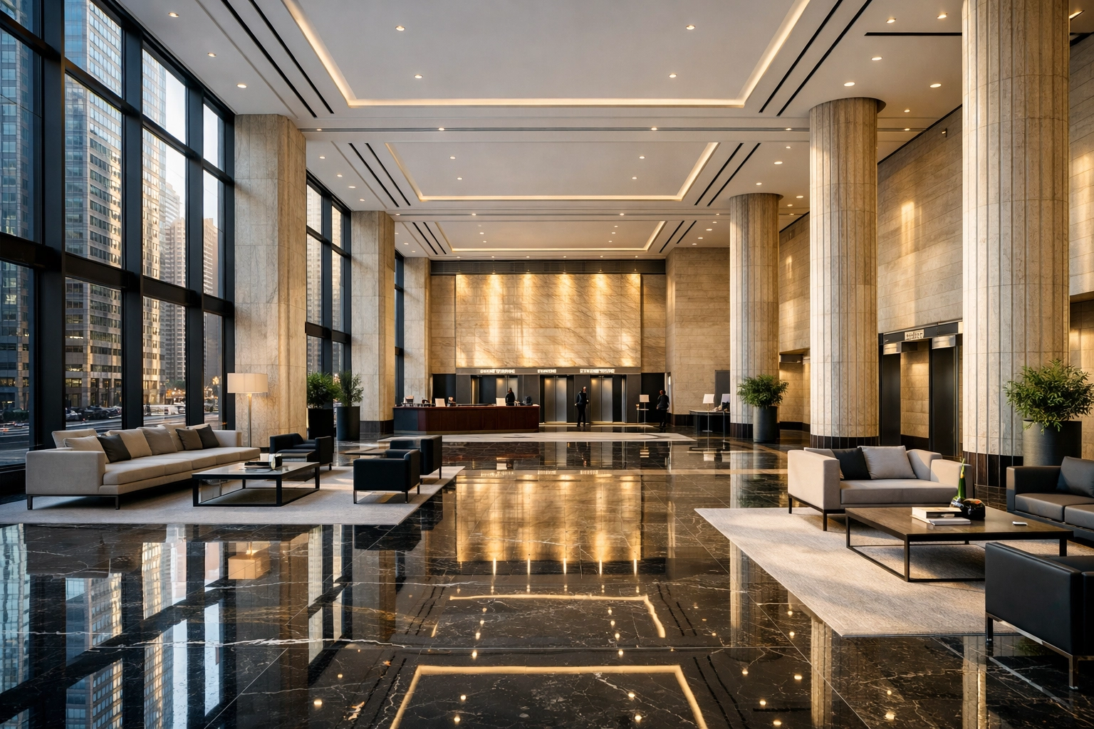 Pristine Chicago commercial lobby with polished floors showcasing professional janitorial standards.