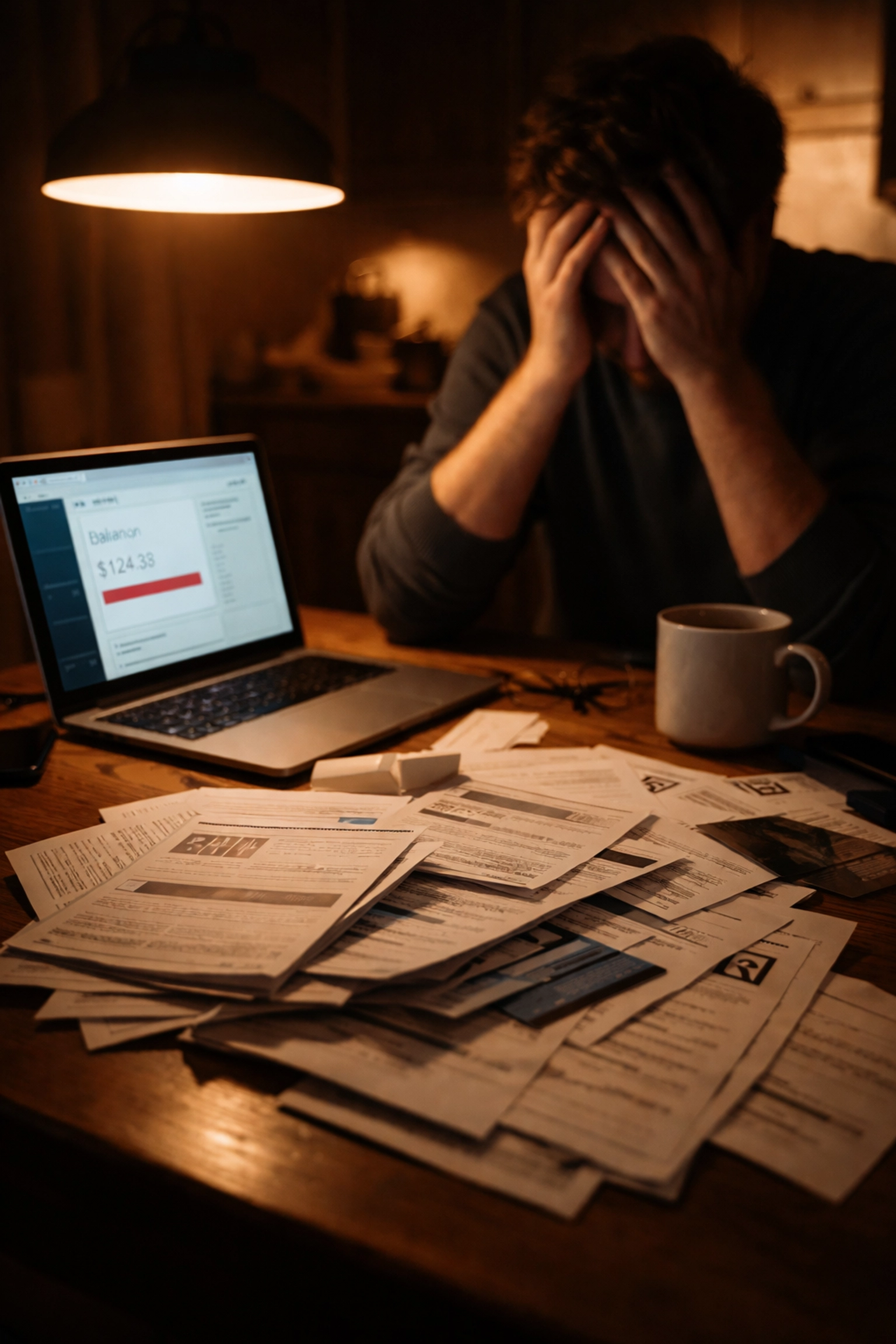 Person stressed over bills and credit card statements at kitchen table showing financial anxiety