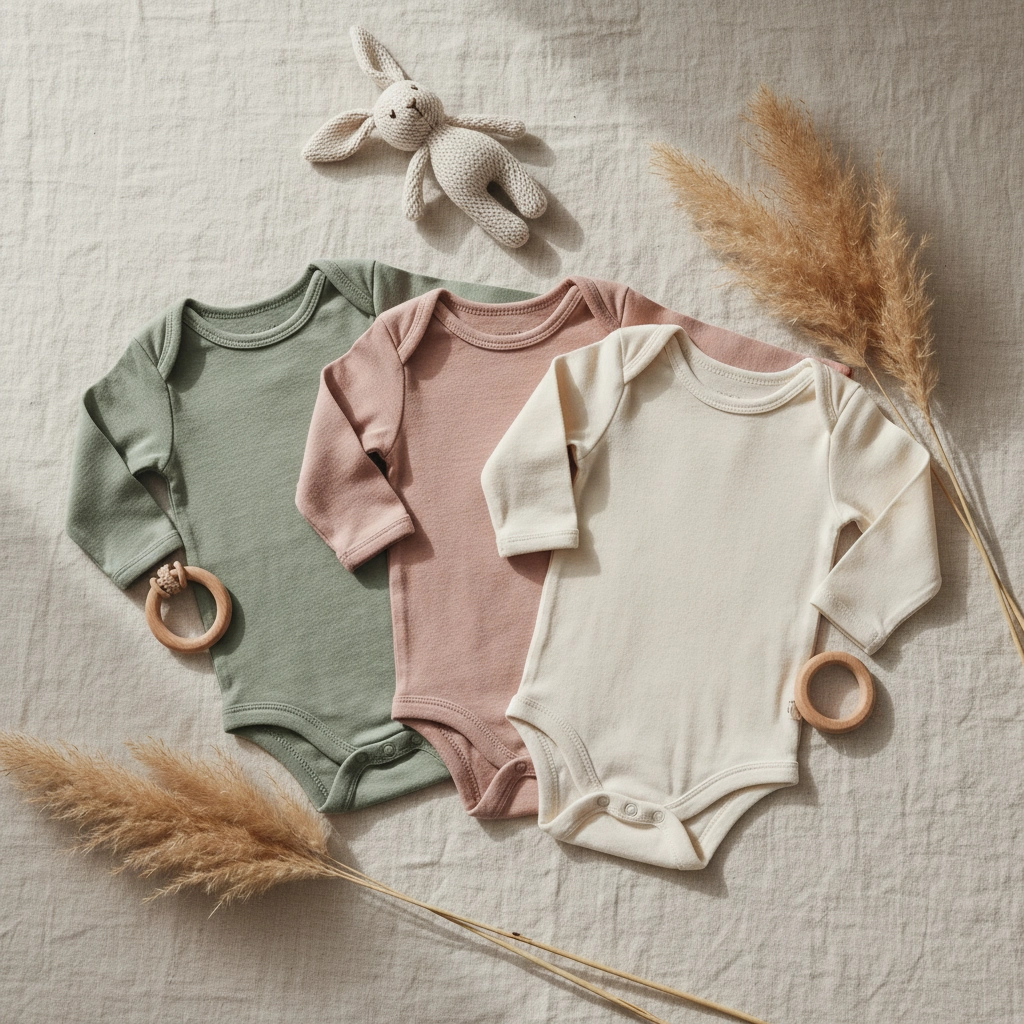 Three baby onesies in green, pink, and cream on a textured fabric. A knitted bunny and pampas grass add a cozy feel.