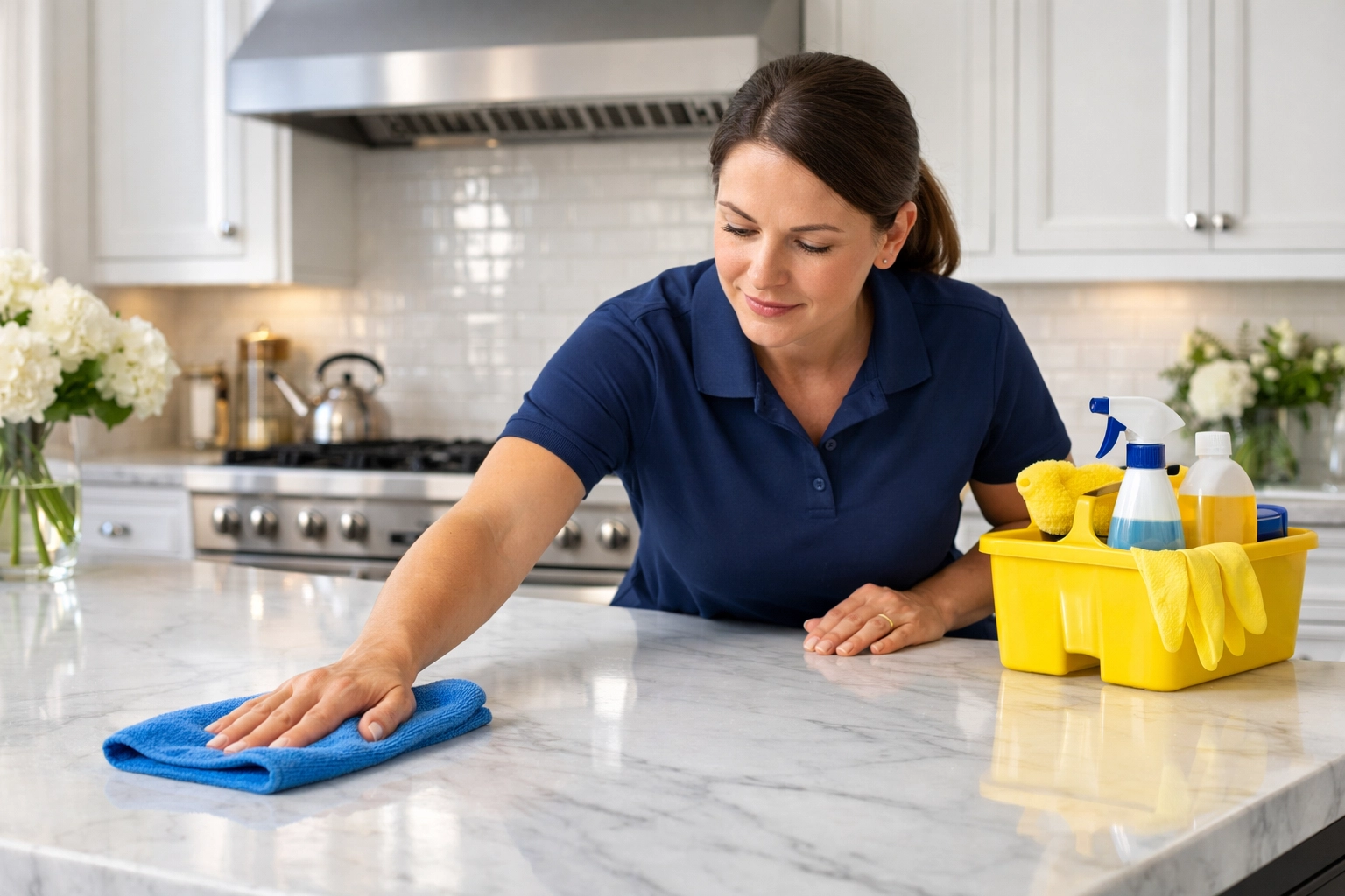 A professional cleaner wiping down a marble kitchen island during deep cleaning in Lexington MA.