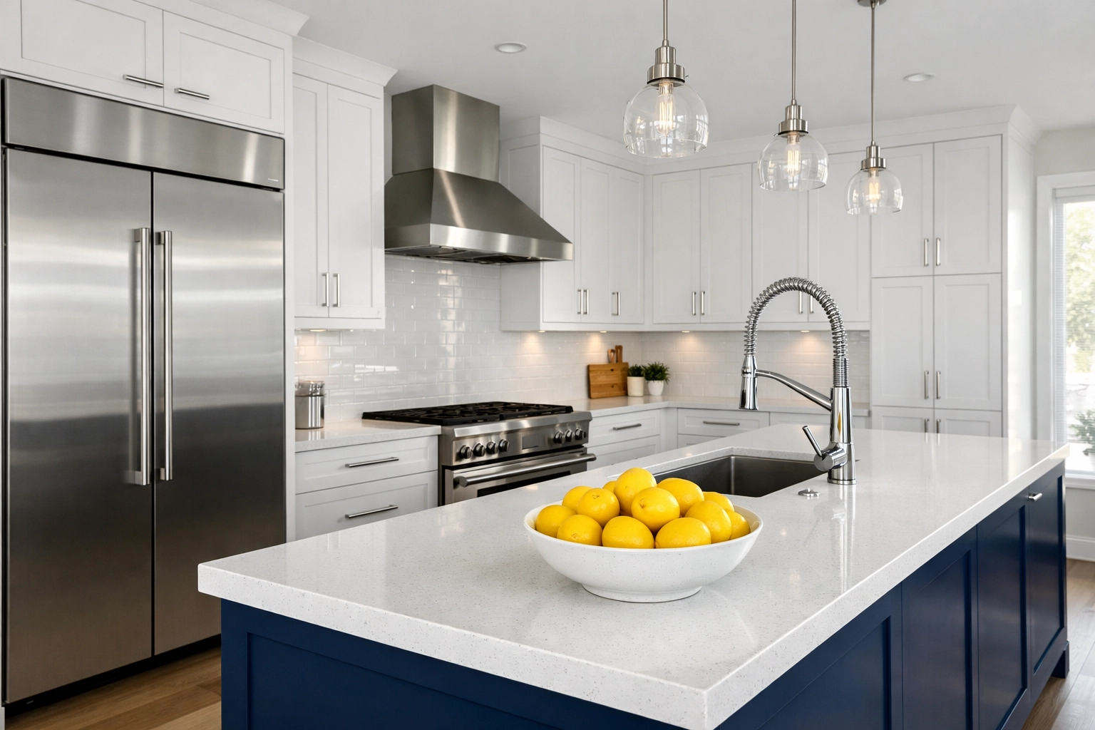 Modern kitchen interior highlighting high-touch surfaces like cabinet pulls and appliance handles.