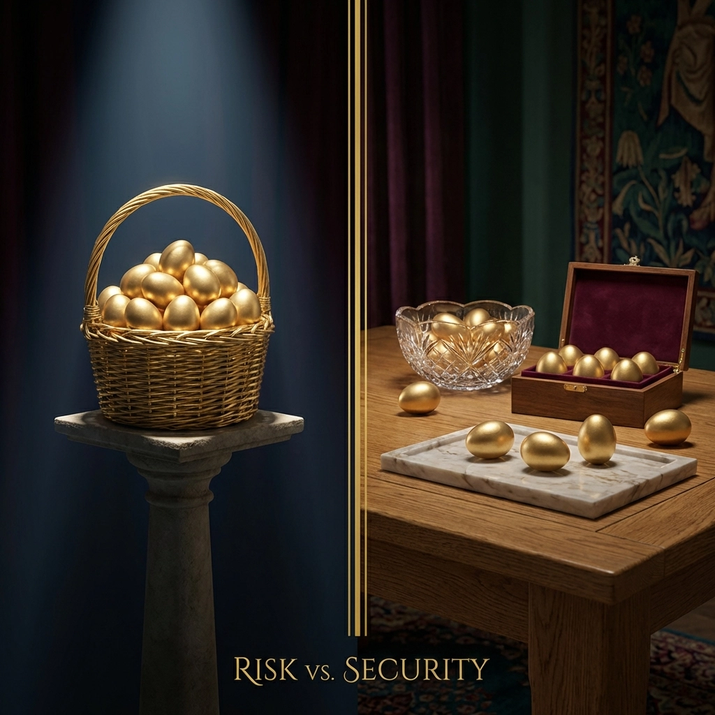 Contrasting baskets of golden eggs illustrate the importance of spreading investments to avoid concentration risk.