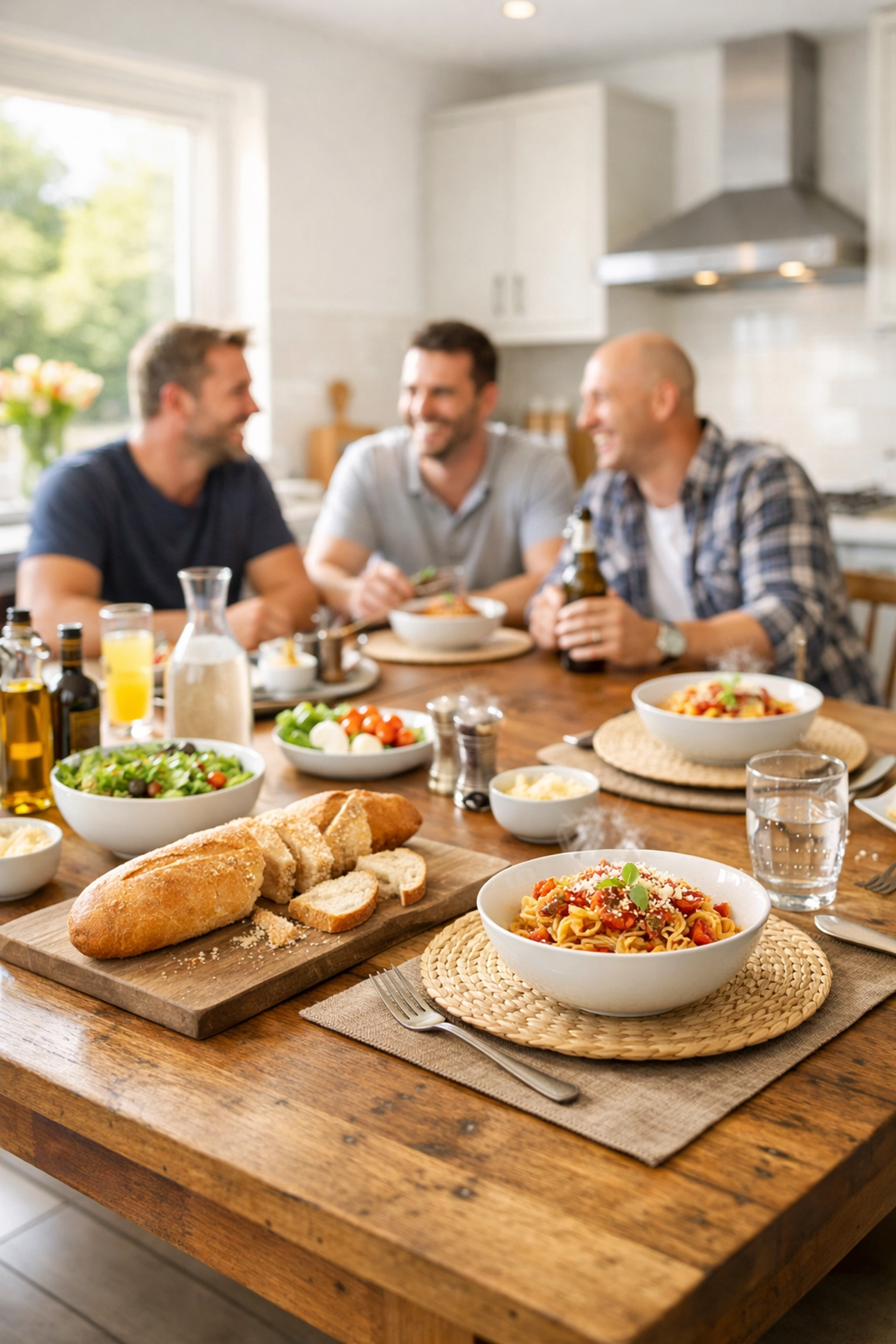 Modern kitchen and large dining table in a Luton serviced accommodation house for contractor teams.