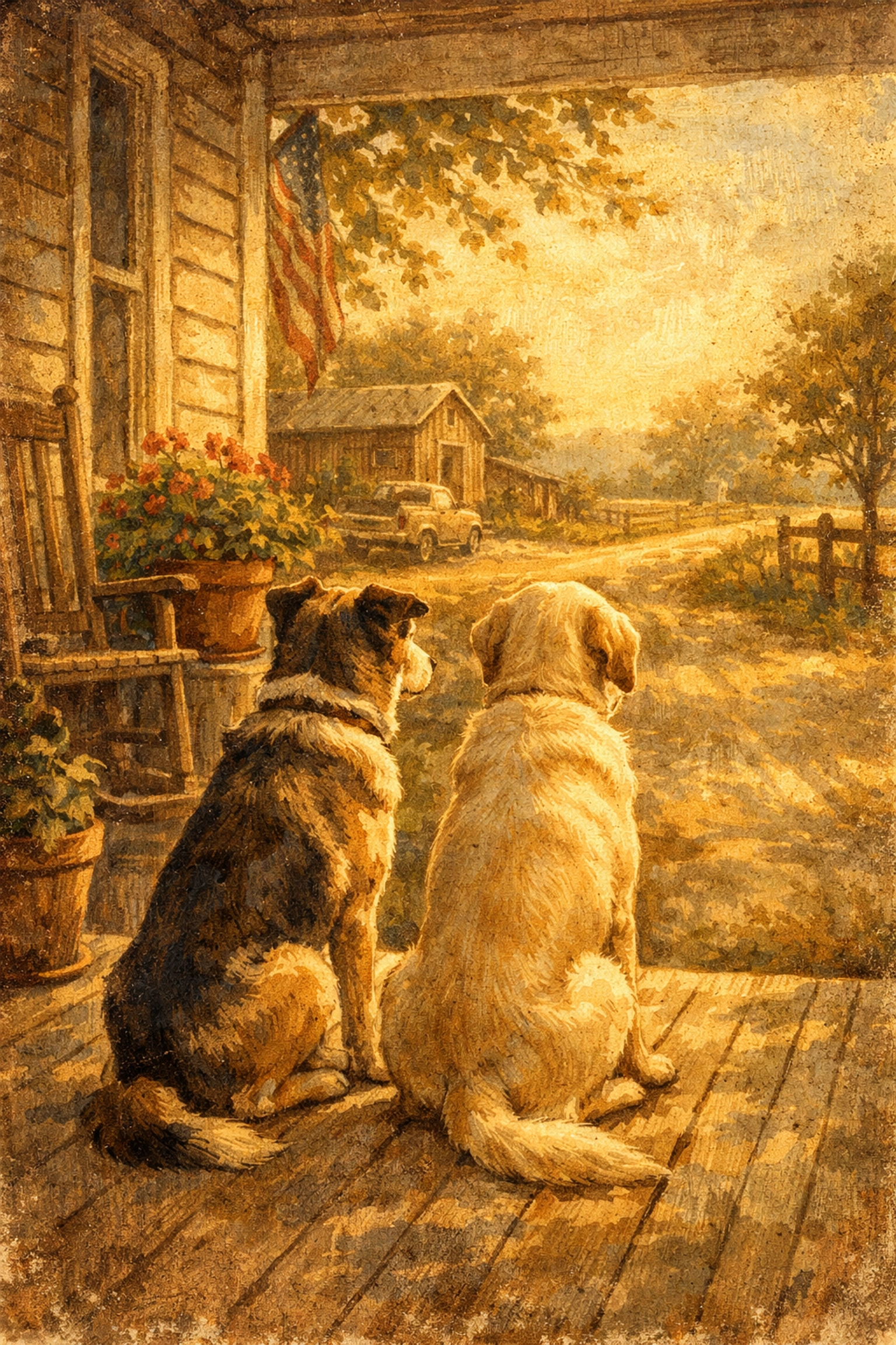 Farm dogs Milo and Panda Bear waiting on porch for family to return home