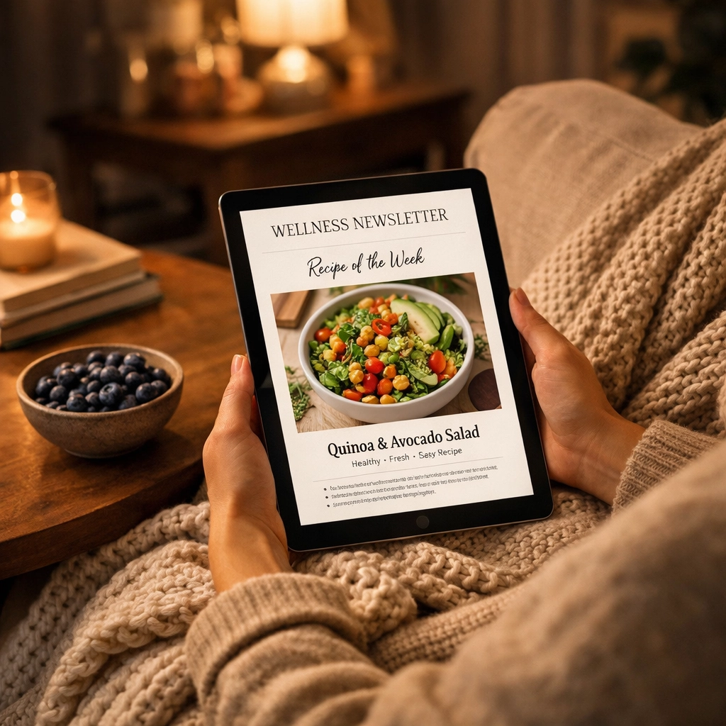Someone reading a healthy living email newsletter on a tablet for personalized wellness coaching.