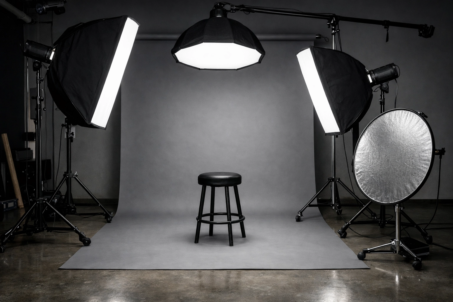 Photography studio with softboxes and a stool showing the best lighting for executive portraits in a professional setup.