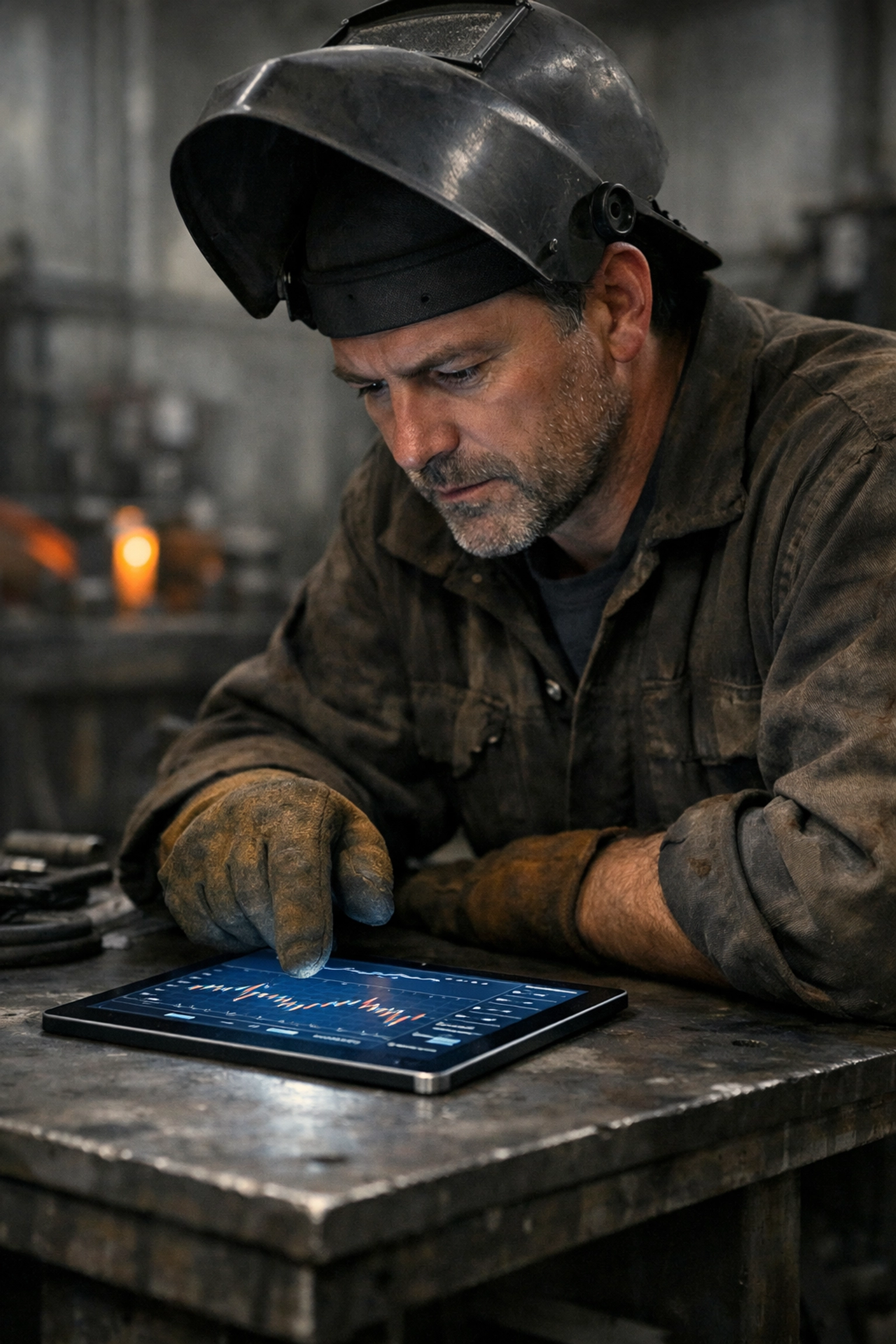 Welder reviewing financial data on a tablet, illustrating strategic growth and wealth capacity for trades.