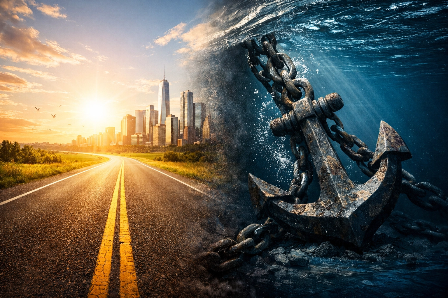 A split image contrasting financial freedom and the heavy weight of high interest rates from low credit.