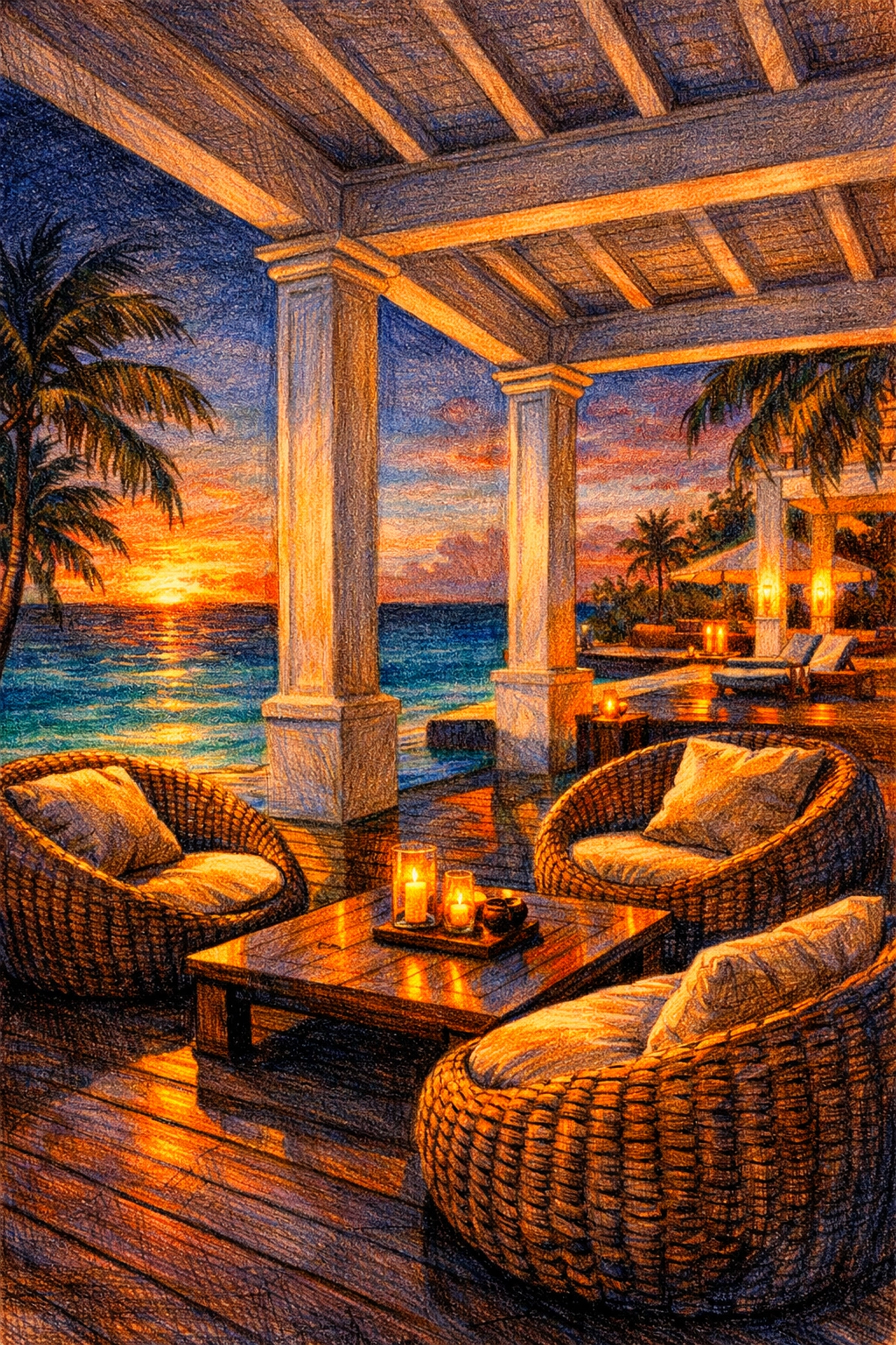 Luxury hospitality design for a tropical resort terrace with neutral rattan furniture and sea views.