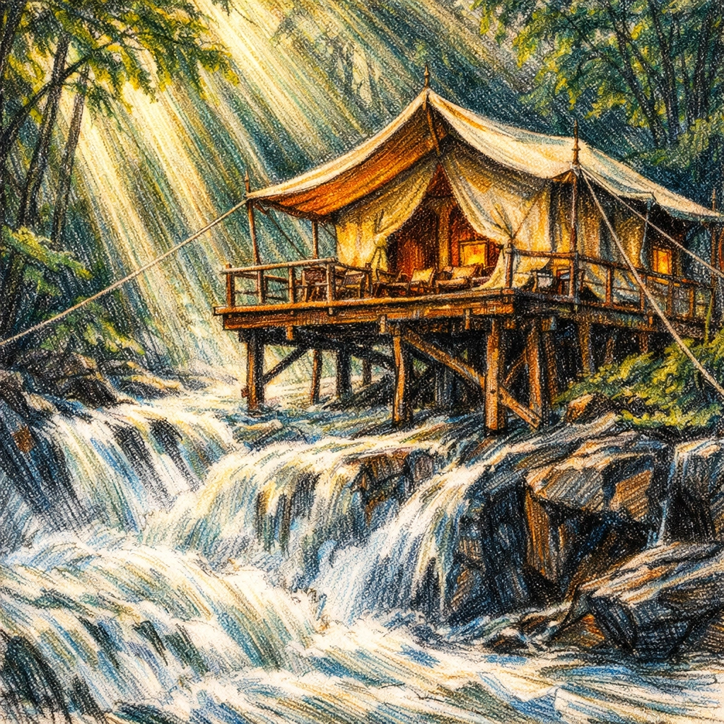 Luxury safari tent over a waterfall, illustrating nature-focused sustainable hotel architecture.