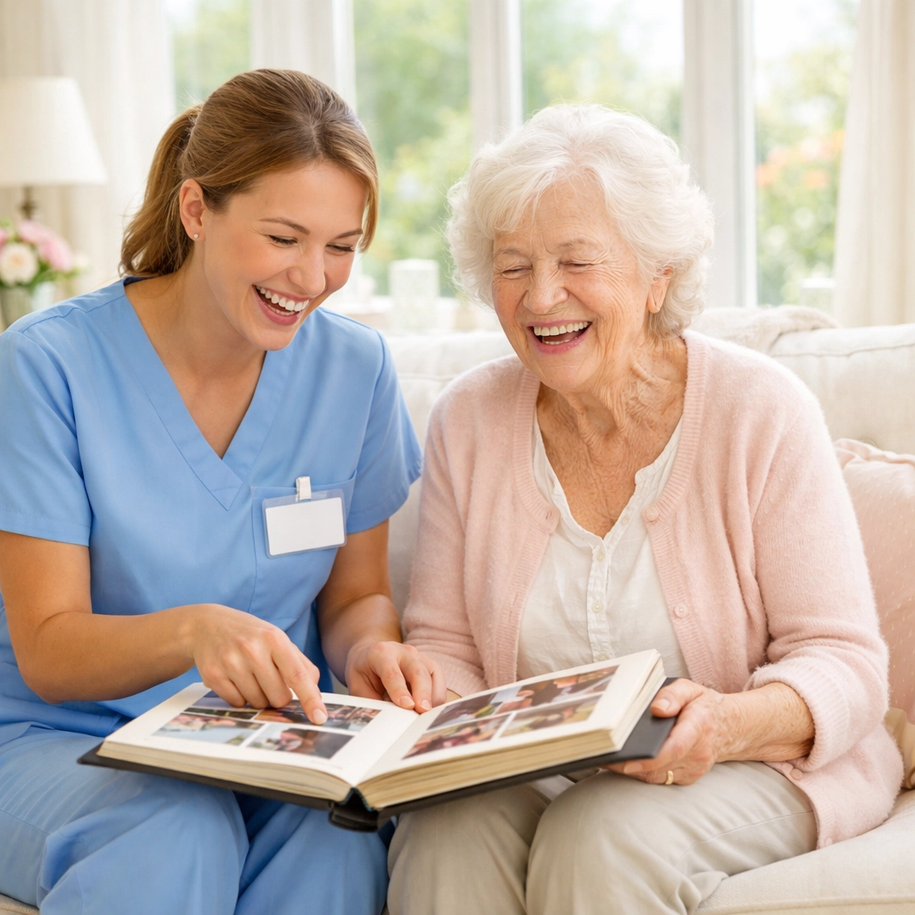 A healthcare assistant laughing with an elderly woman while looking through photos together.