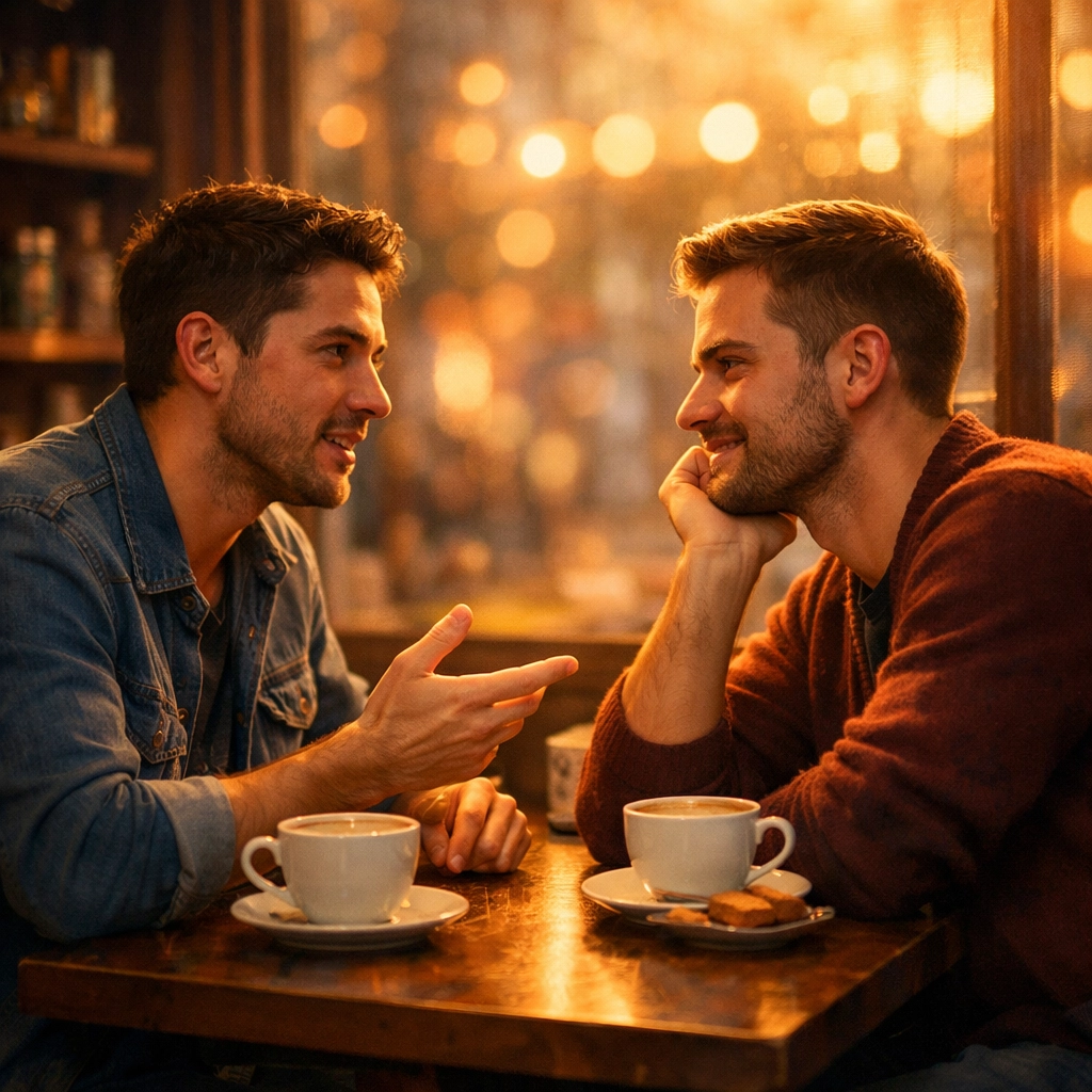 Gay couple's intimate coffee shop moment embodying slow burn romance connection