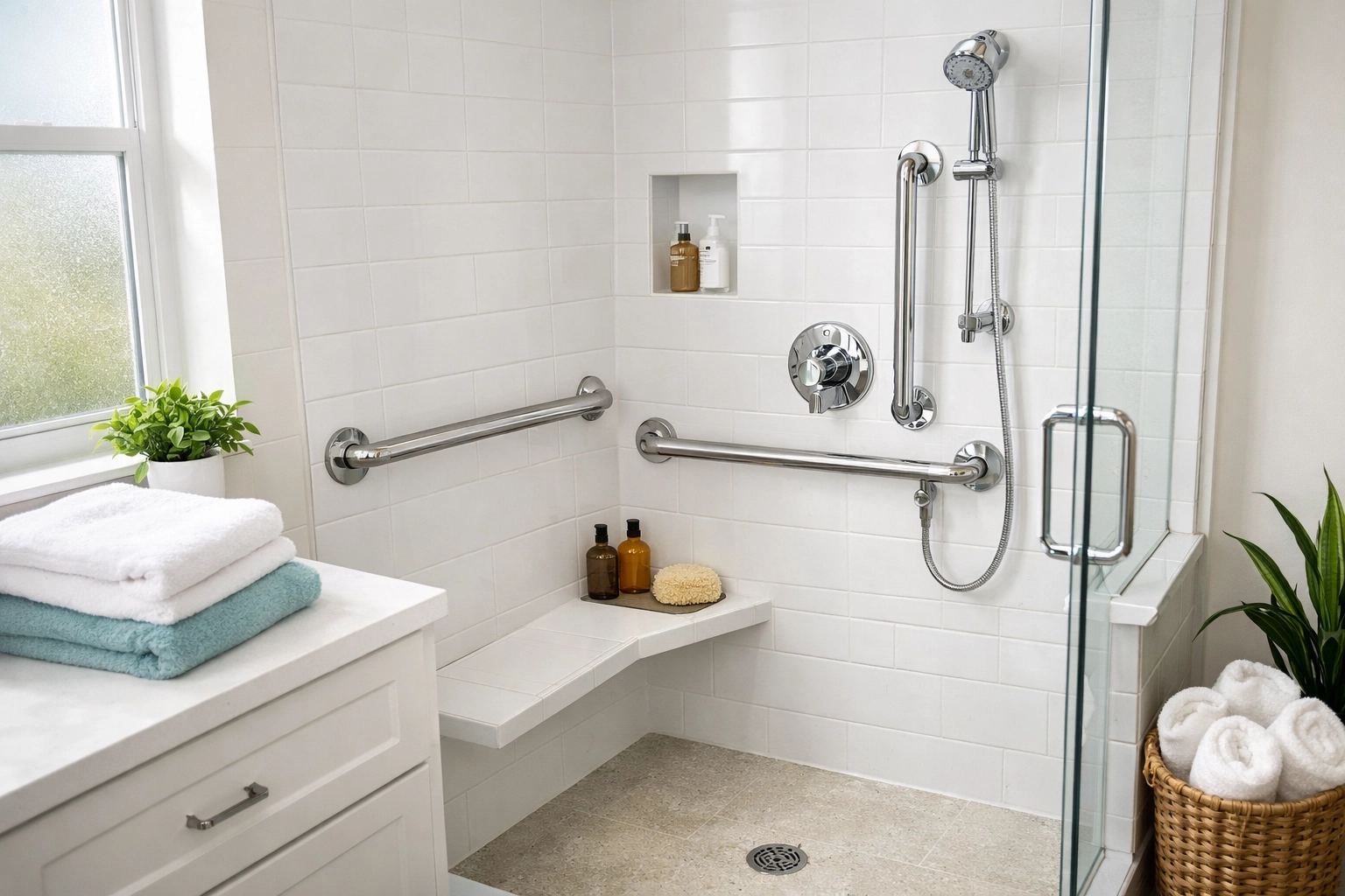 Bathroom with grab bars installed near shower for fall prevention