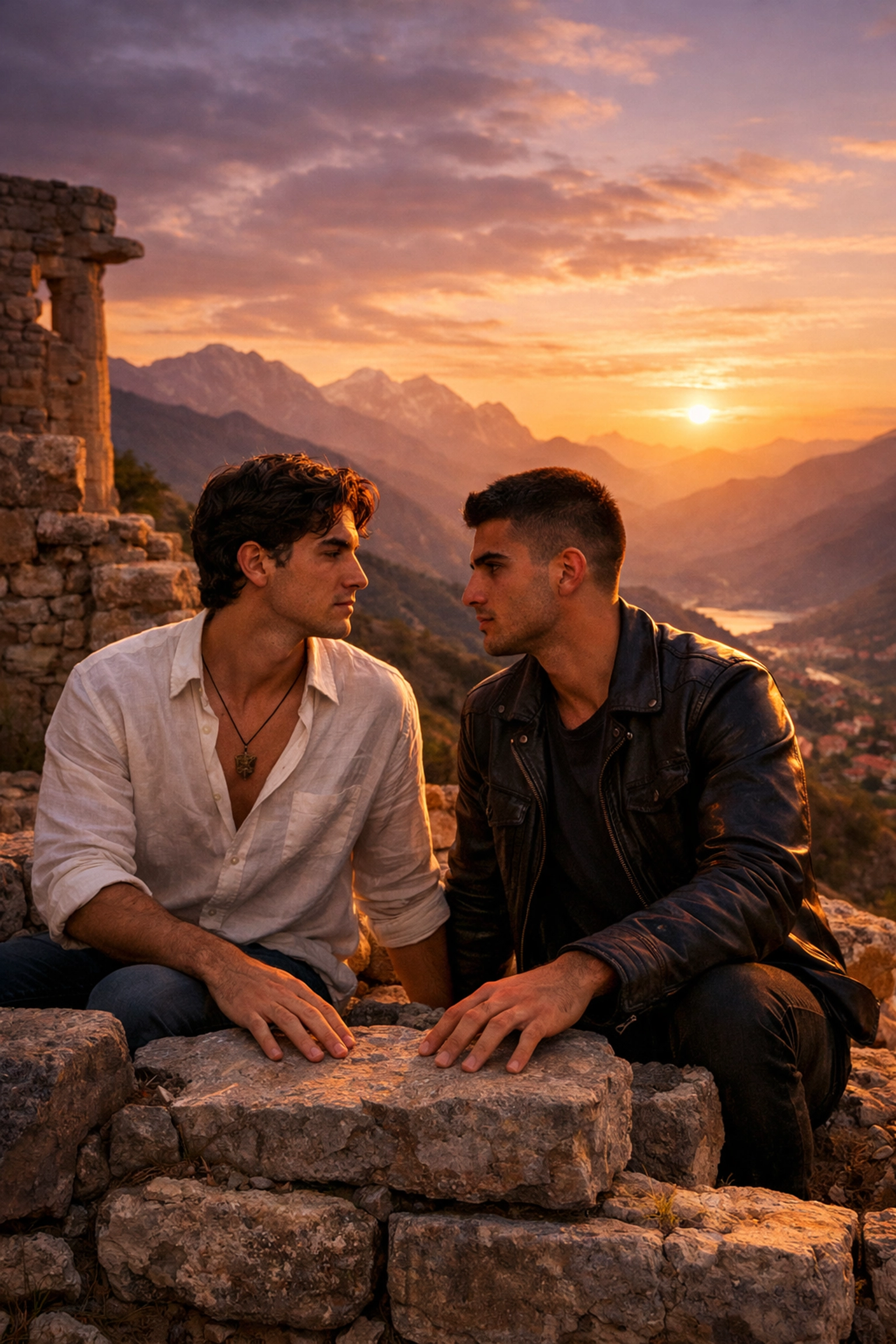 Greek and Albanian gay couple at ancient ruins symbolizing cross-border MM romance in the Balkans