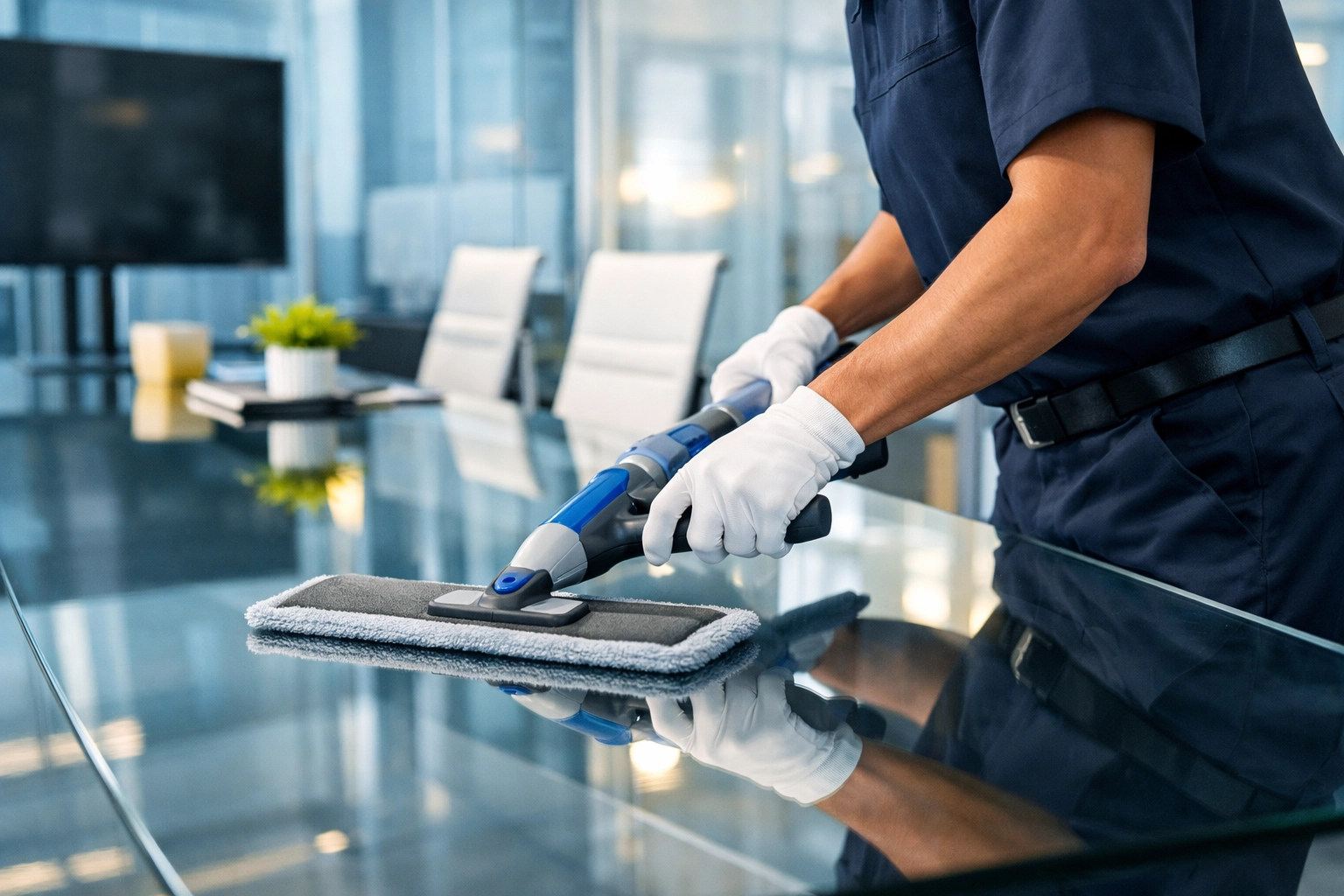 Professional cleaner sanitizing a glass table for stress-free commercial cleaning in Westborough.